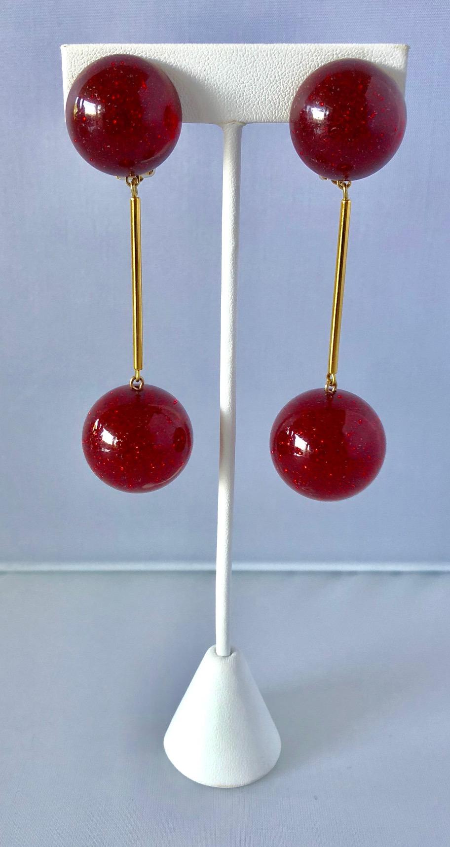 Women's Vintage French Red Stardust Mod Ball Statement Earrings 