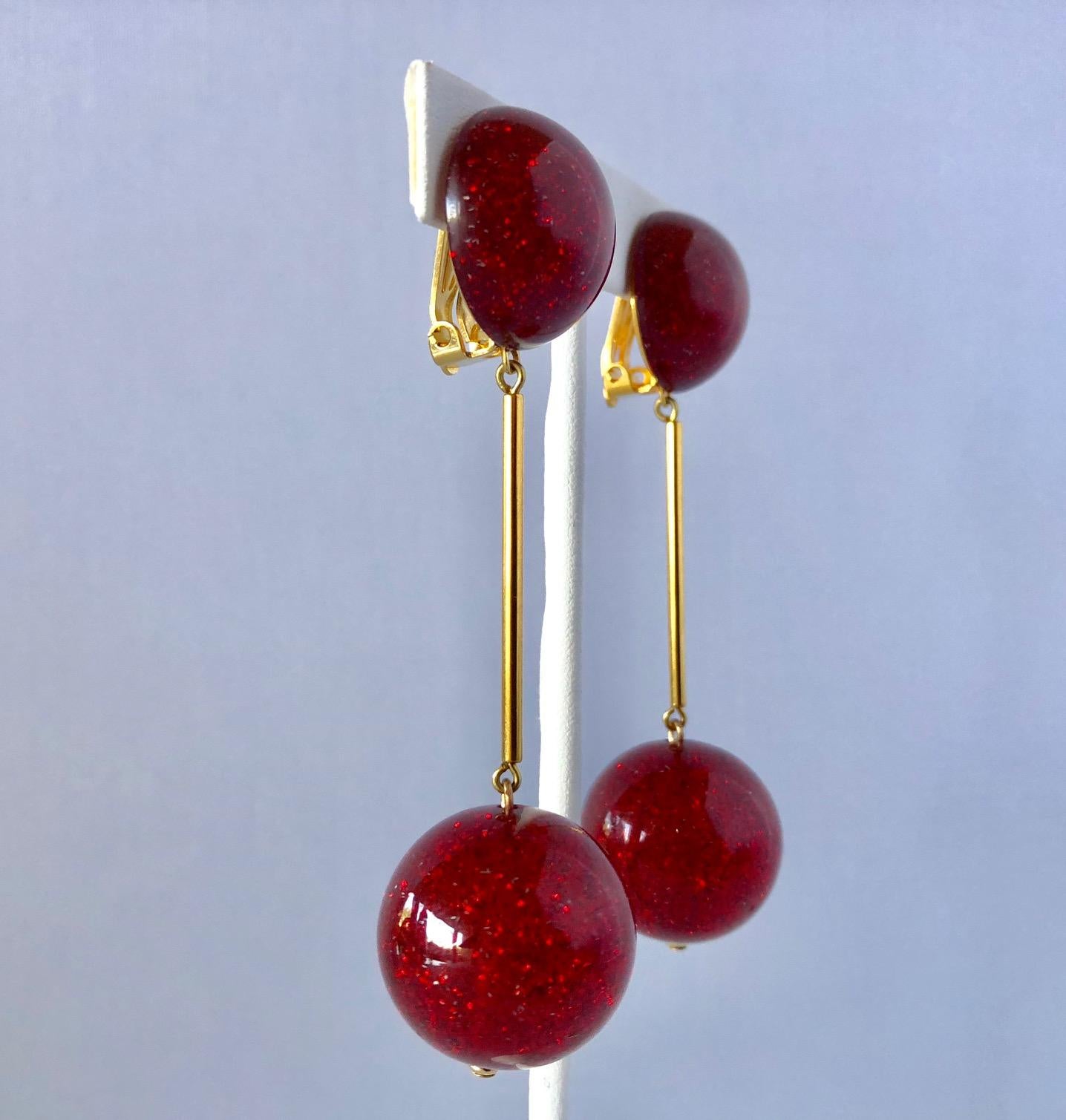 Vintage French Red Stardust Mod Ball Statement Earrings  1