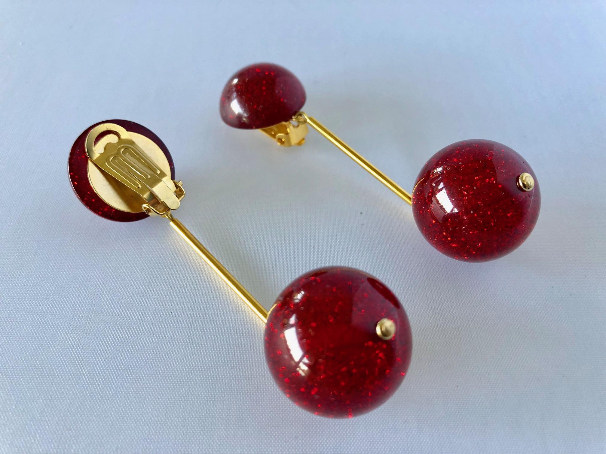 Vintage French Red Stardust Mod Ball Statement Earrings  2