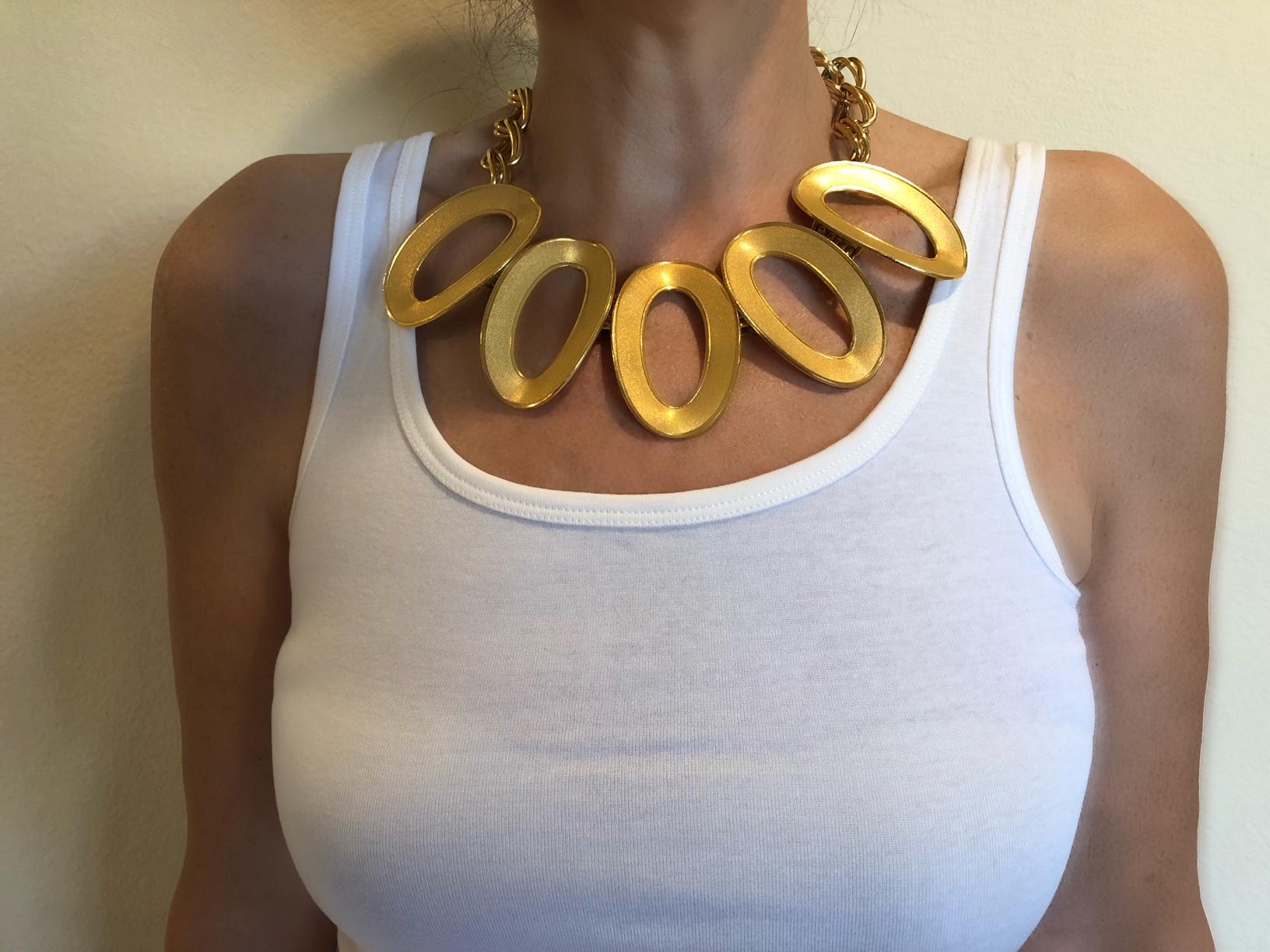  Architectural Mat Gold Chunky Oval Statement Necklace. Chic and fashion current architectural statement necklace by Premier Etage, Paris. The monumental chunky necklace is comprised of five large mat gold oval disk and a thick double substantial