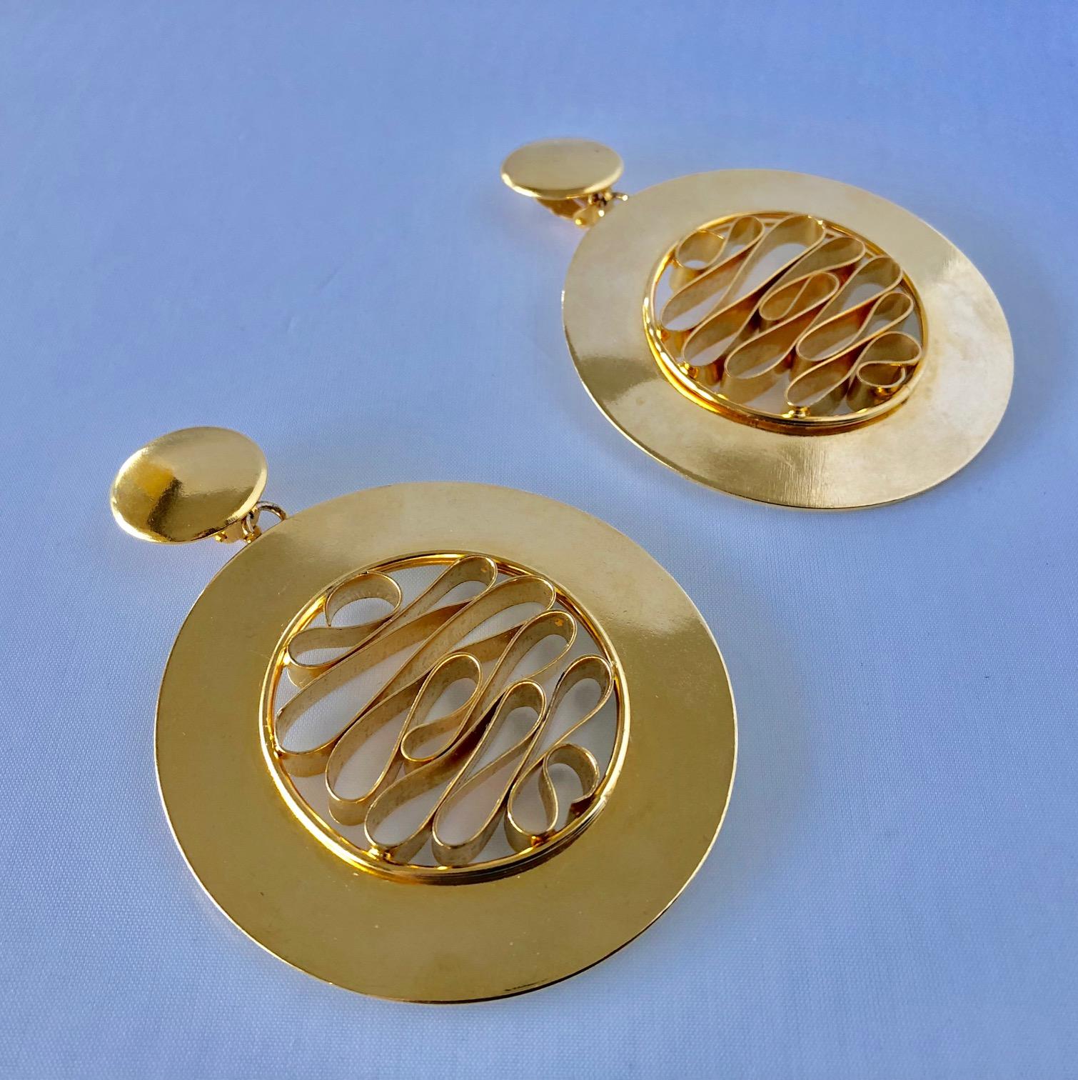 Women's Monumental 1980's French Gold Disk/Hoop Statement Earrings 