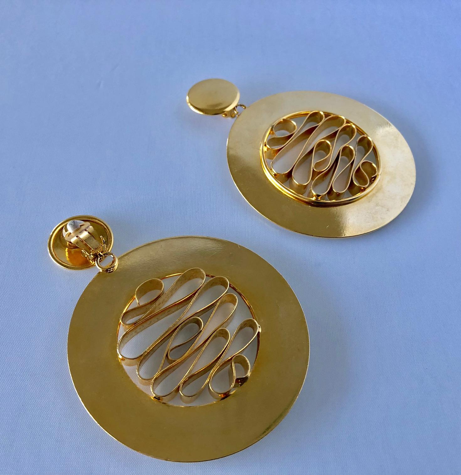 Monumental 1980's French Gold Disk/Hoop Statement Earrings  1