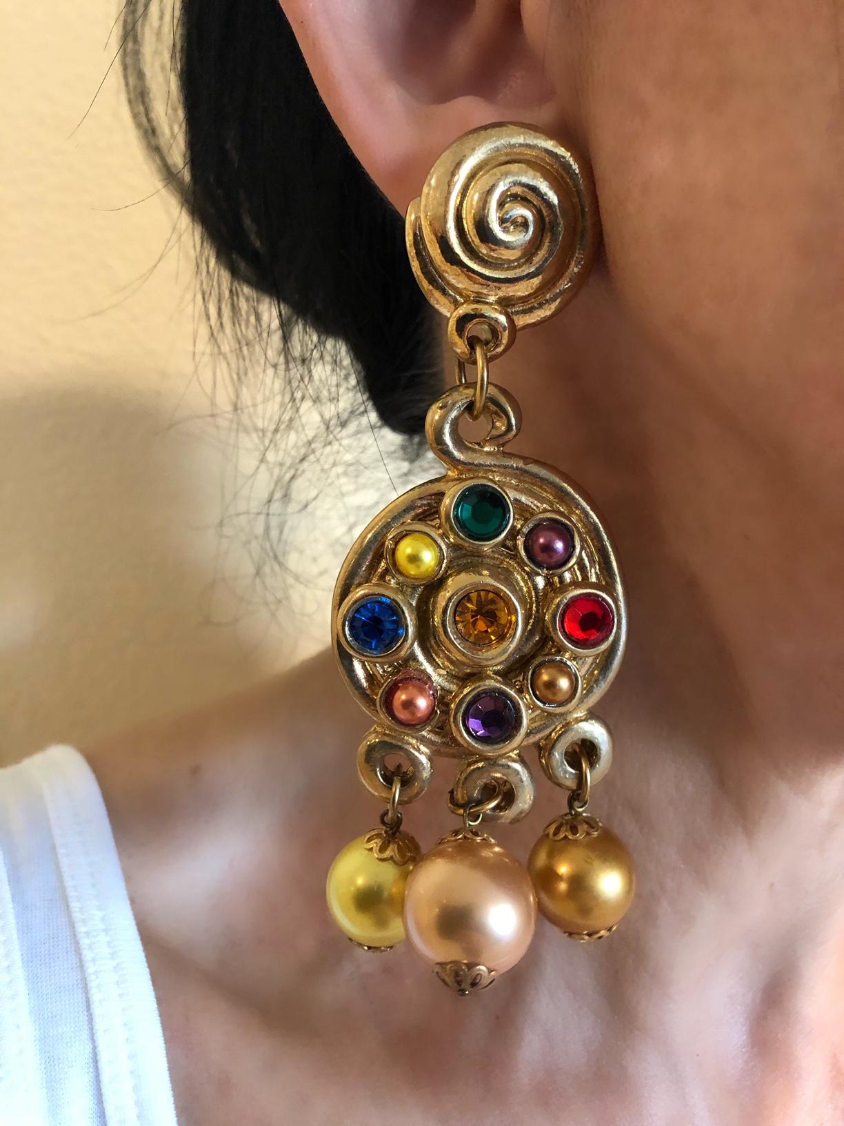  Unique Parisian statement earrings created by Jacky De G Paris. Comprised of a lightweight molded resin the earrings exude 1980's French high fashion design - intricately molded in an avant garde manner which is enhanced by the hand-applied colored