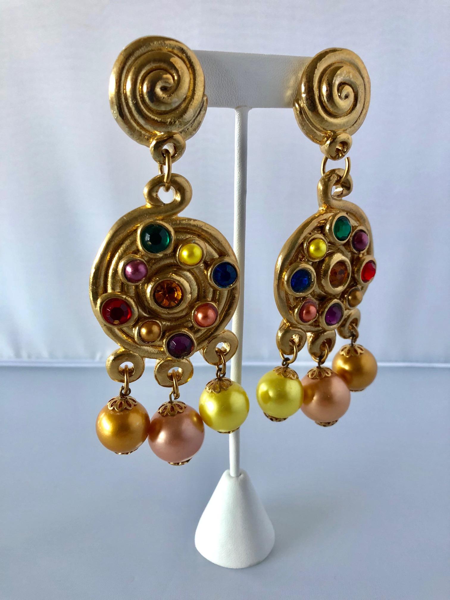 1980’s  French Gold Swirl Statement Jeweled Chandelier Statement Earrings 1