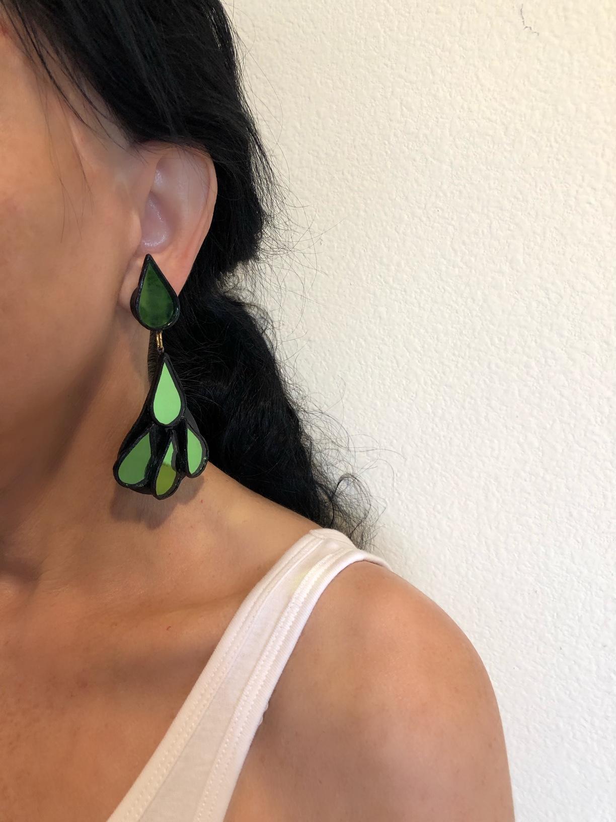  French Designer Contemporary Style Talosel Green Mirror Statement Earrings  In Excellent Condition In Palm Springs, CA
