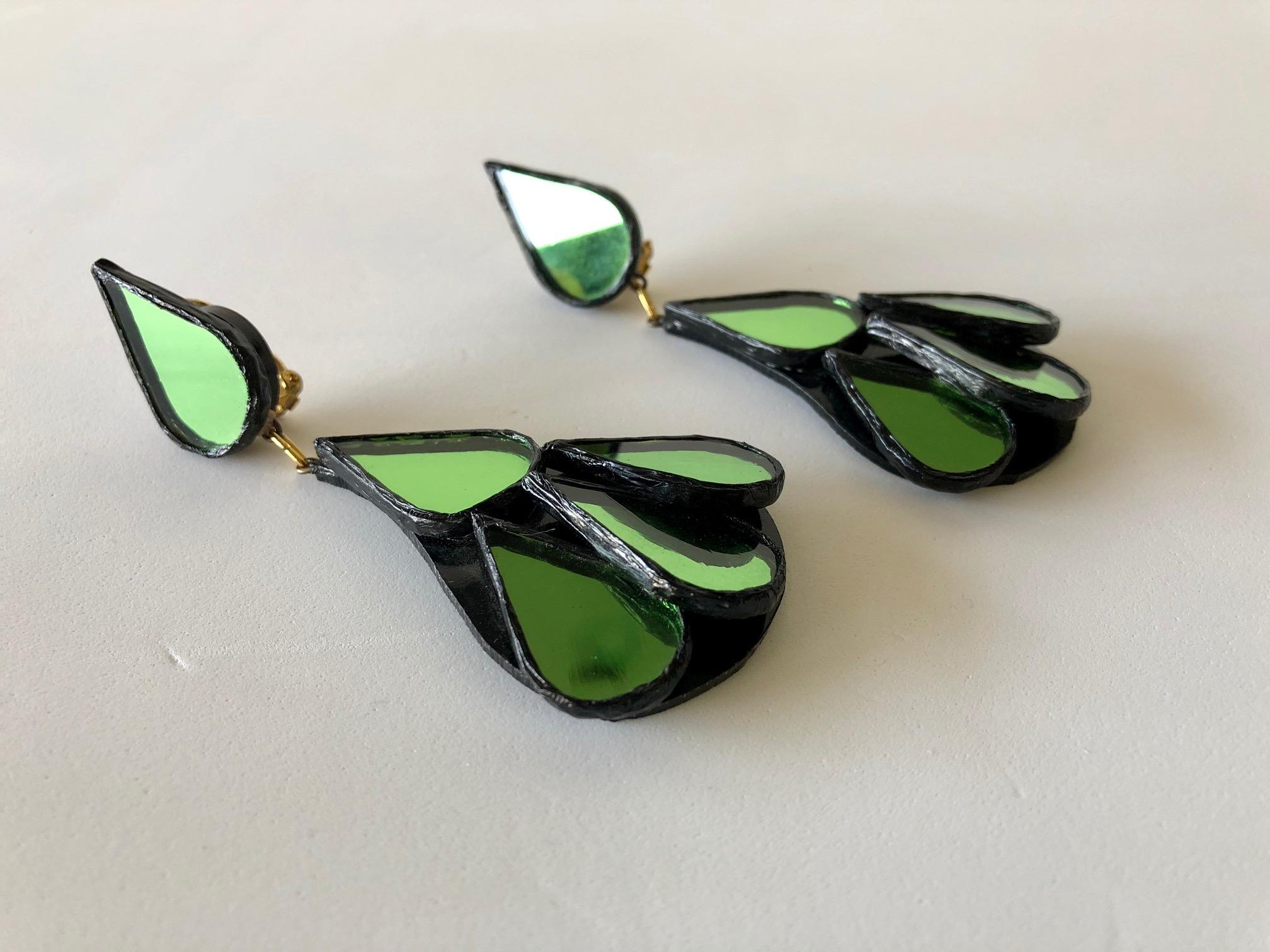  French Designer Contemporary Style Talosel Green Mirror Statement Earrings  1