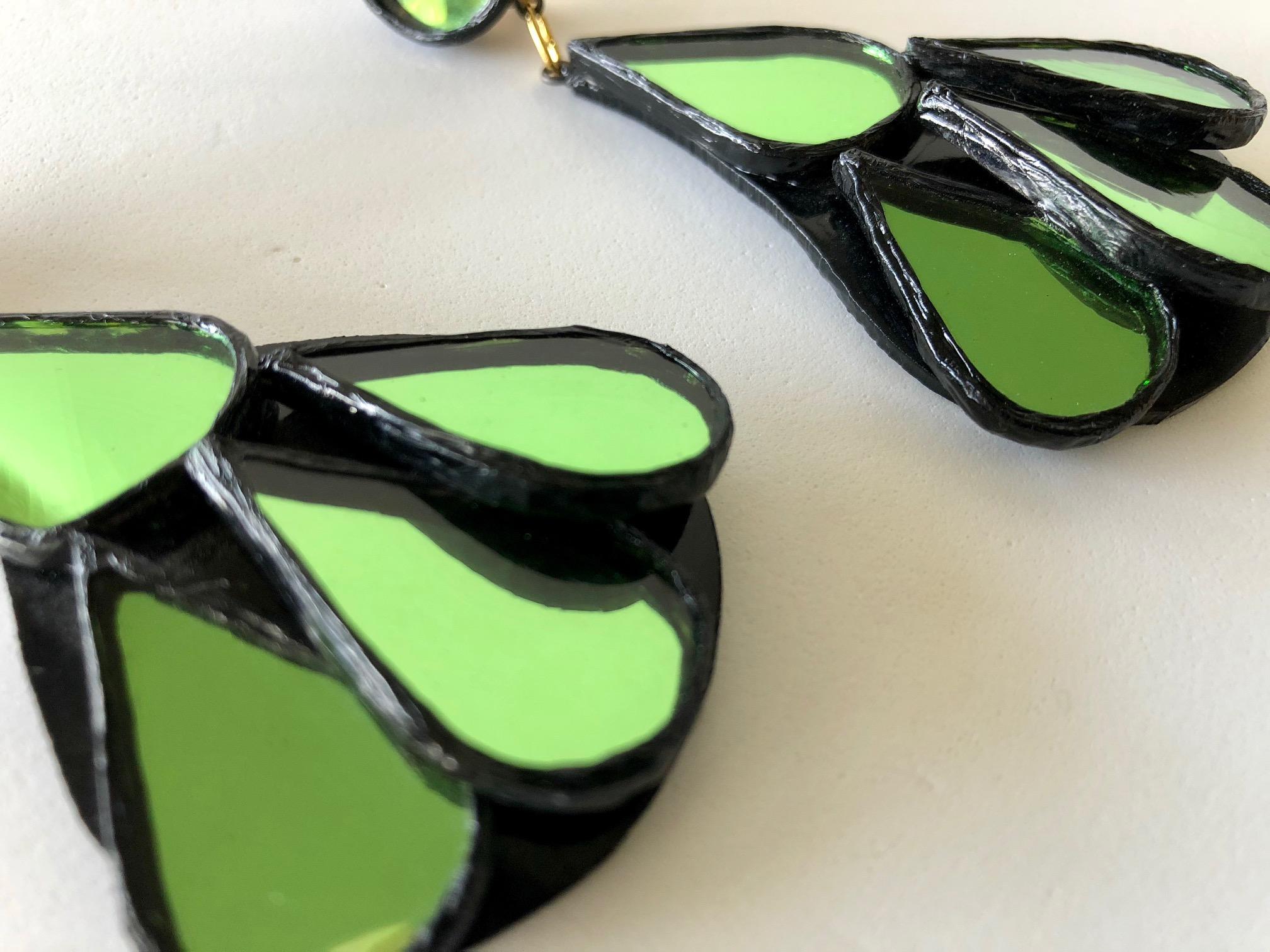  French Designer Contemporary Style Talosel Green Mirror Statement Earrings  2