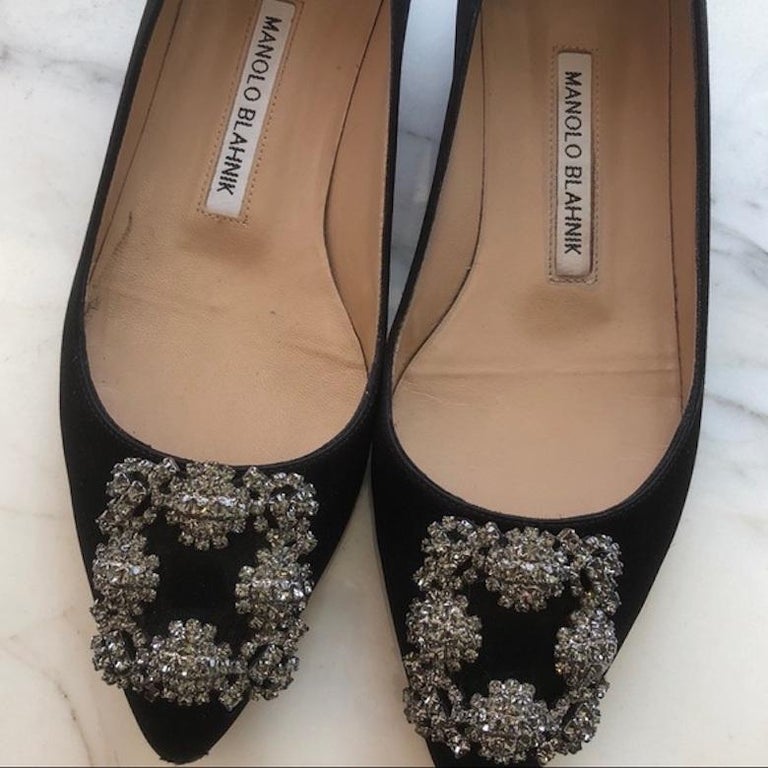 Manolo Blahnik Hangisi Black Crystal Buckle Satin Flats For Sale at ...