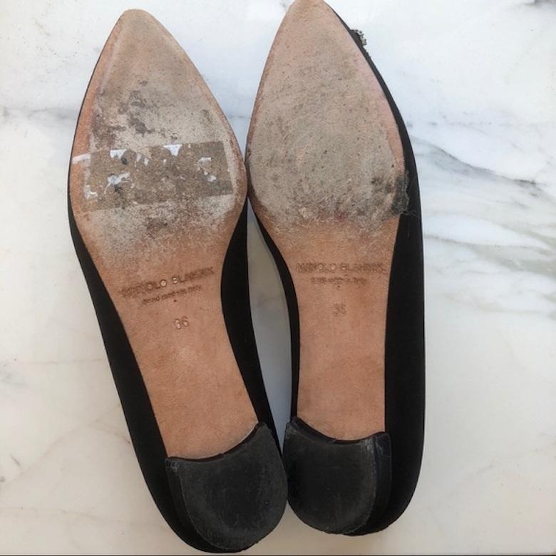 Manolo Blahnik Hangisi Black Crystal Buckle Satin Flats In Good Condition In Thousand Oaks, CA