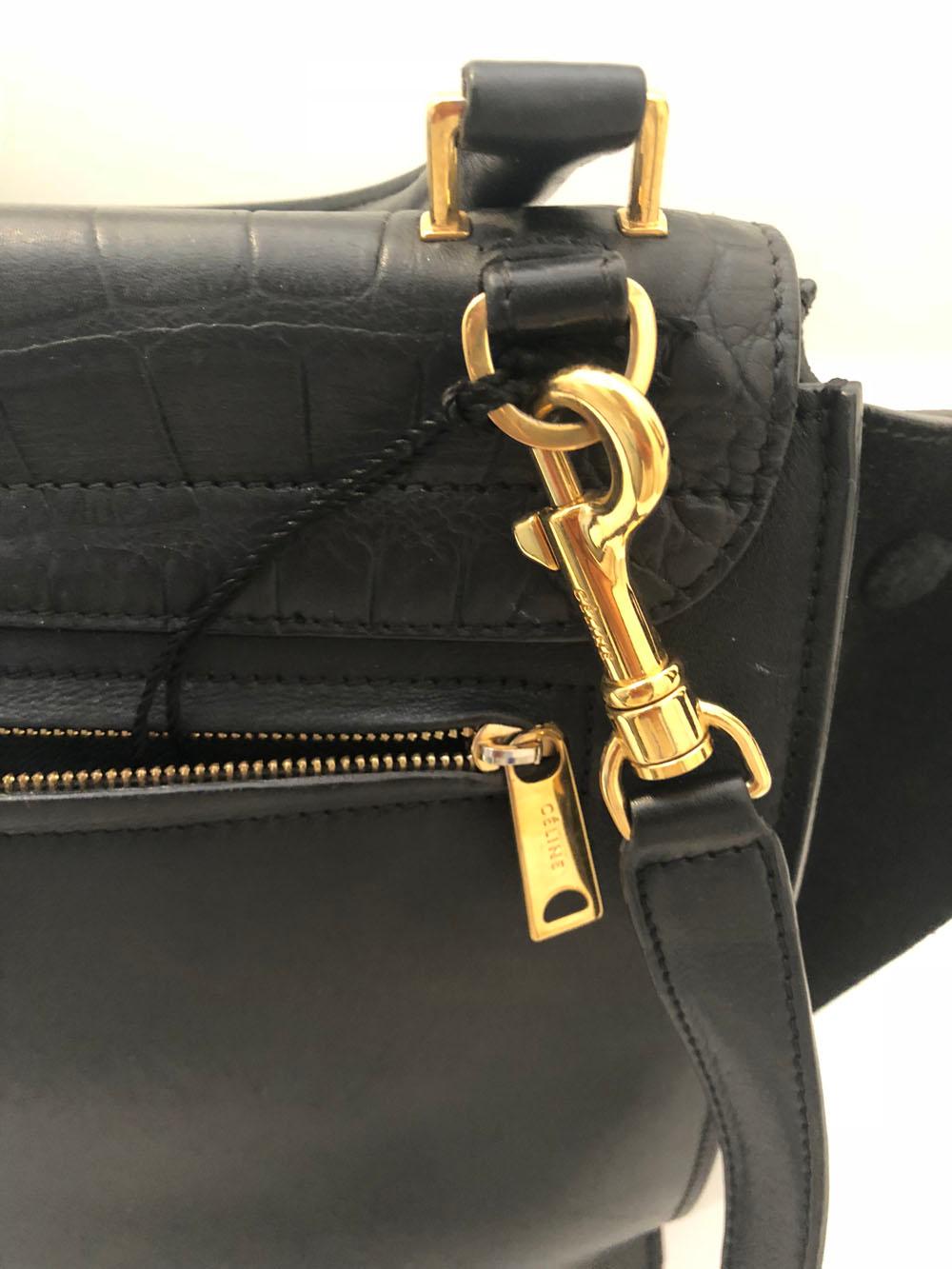 Celine Black Trapeze Medium Size Bag with Embossed Crocodile Flap  In Excellent Condition In Thousand Oaks, CA