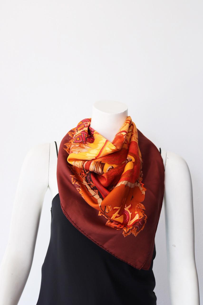 Brown Hermes Aube Libre Comme L' Ange rust, red, orage and yellow scarf