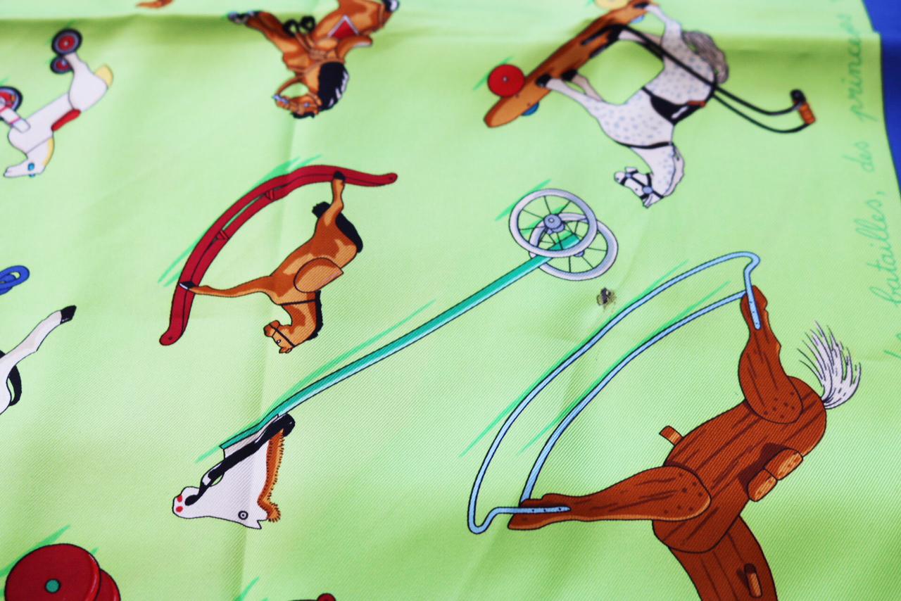 Hermes Raconte-moi le Cheval Blue and Neon Green Toy print Scarf  1