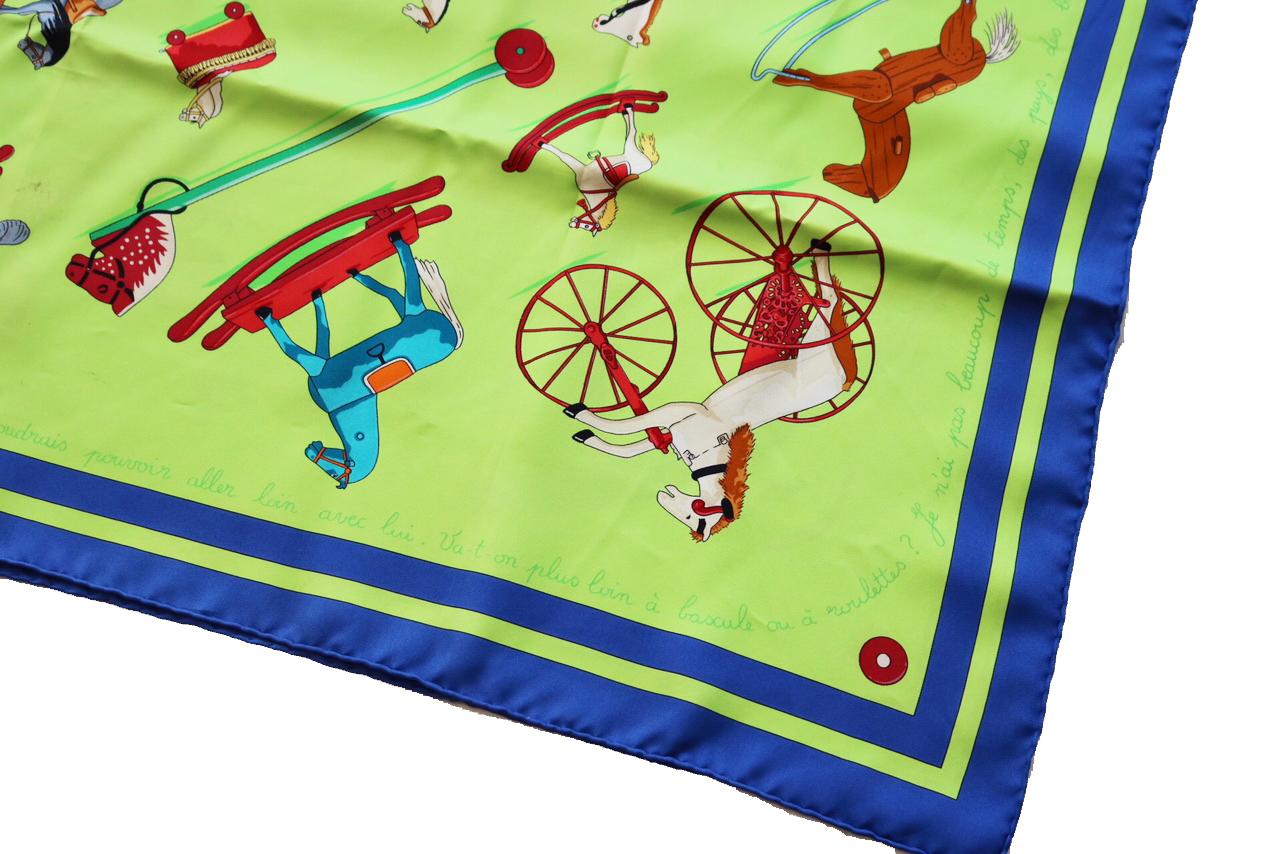Hermes Raconte-moi le Cheval Blue and Neon Green Toy print Scarf  2