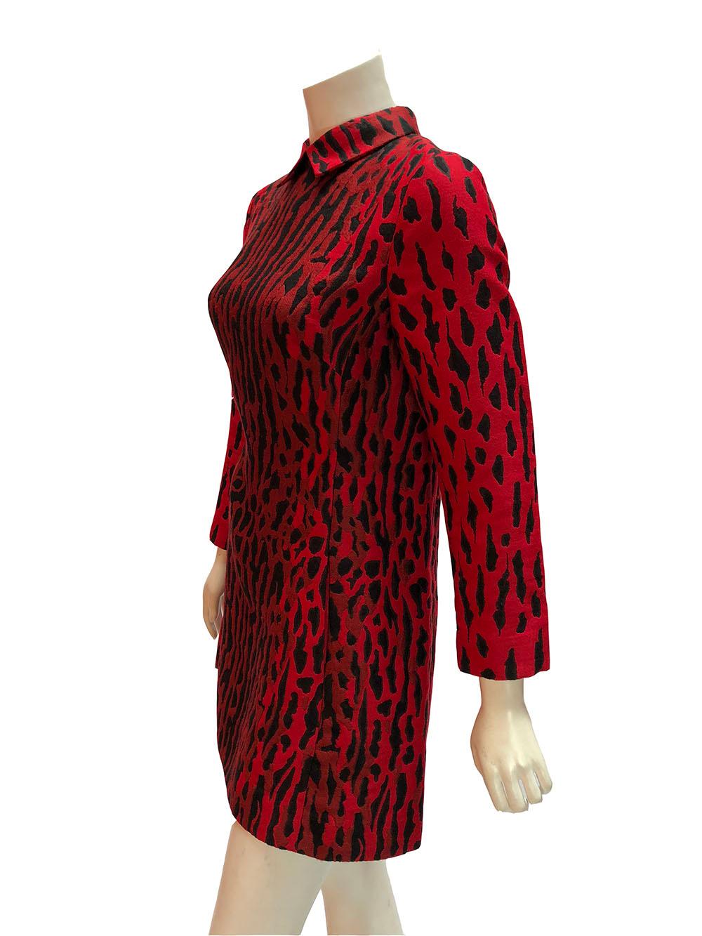 Valentino Red and Black Leopard Print Collared Shift Dress
Valentino classic collared mini dress. Black leopard print over red ombre. Long sleeves. Back zip closure. Fully lined in silk. Size 40. 

Est. Retail: $1,900+
