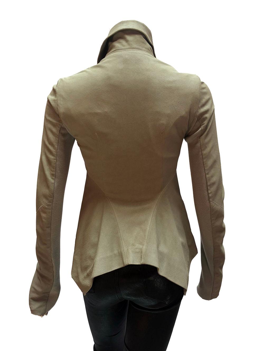 Rick Owens taupe suede moto jacket with high collar, asymmetrical zipper, and ribbed knitting under the arms. Size 6. 