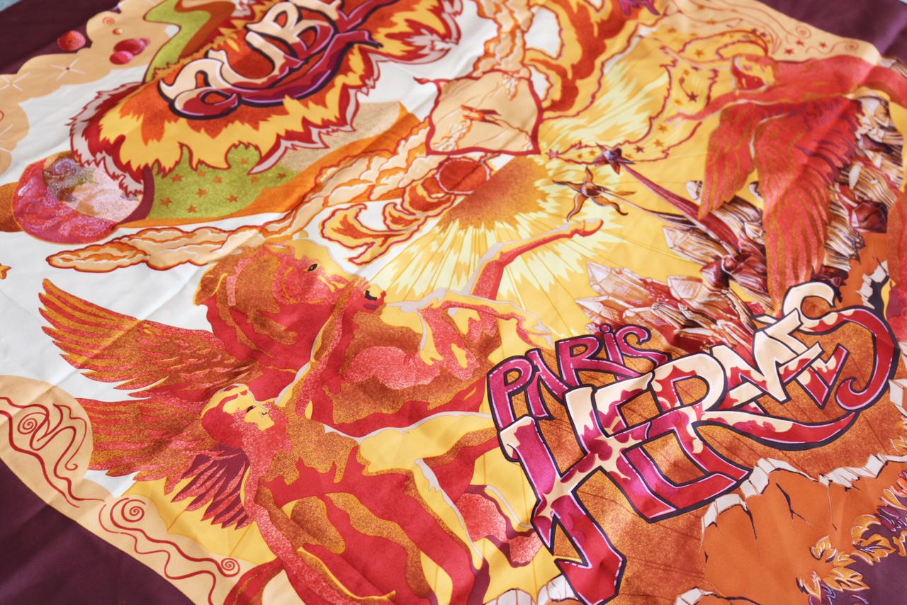 Hermes Aube Libre Comme L' Ange rust, red, orage and yellow scarf In Excellent Condition In Thousand Oaks, CA