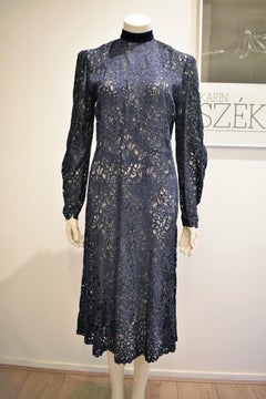 Vintage French Lace 1960s Dress with a Velvet Colar in Dark Blue