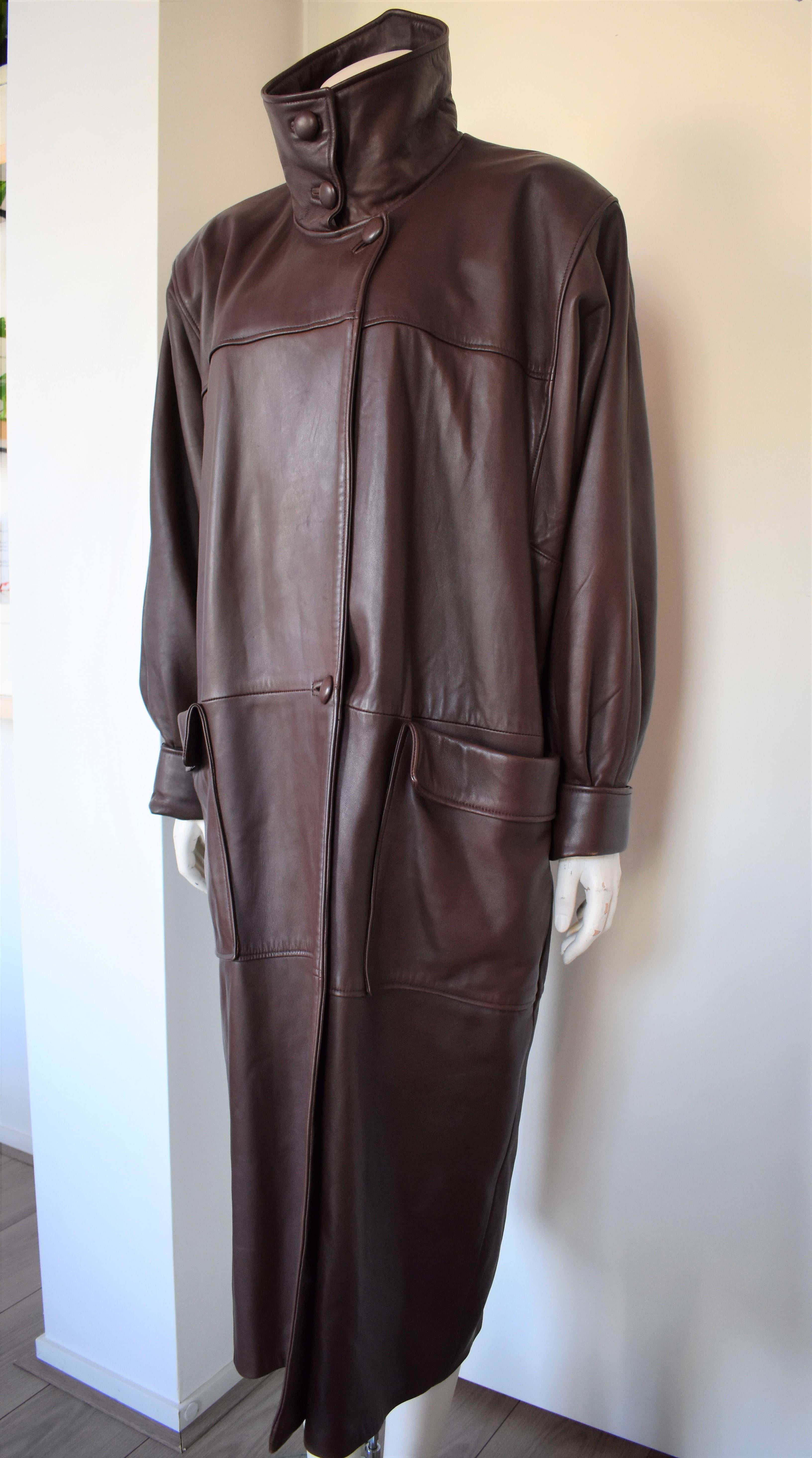 Chocolate Brown Leather Coat by Carven Paris 4