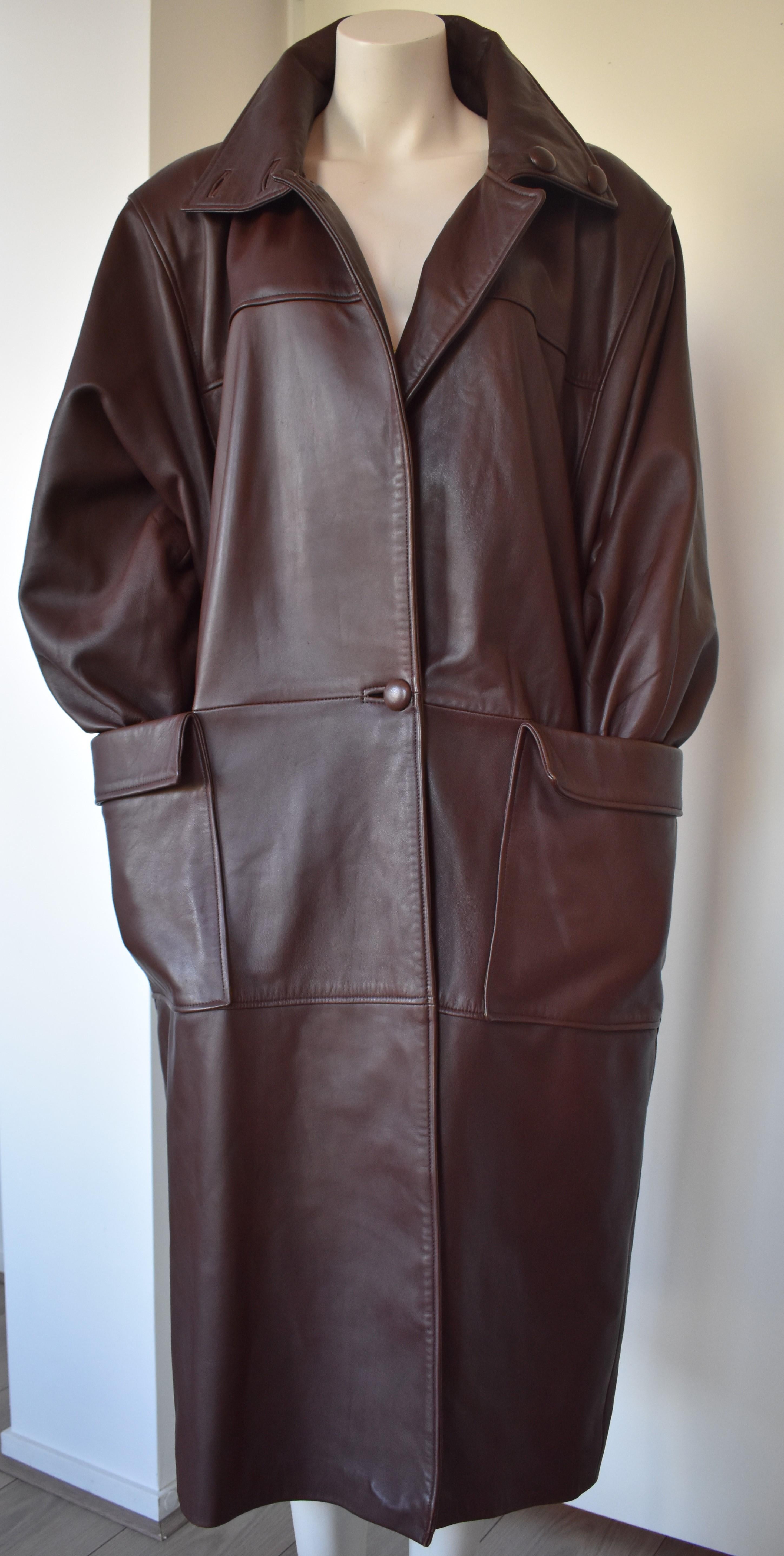 Chocolate Brown Leather Coat by Carven Paris In Good Condition In Amsterdam, NL
