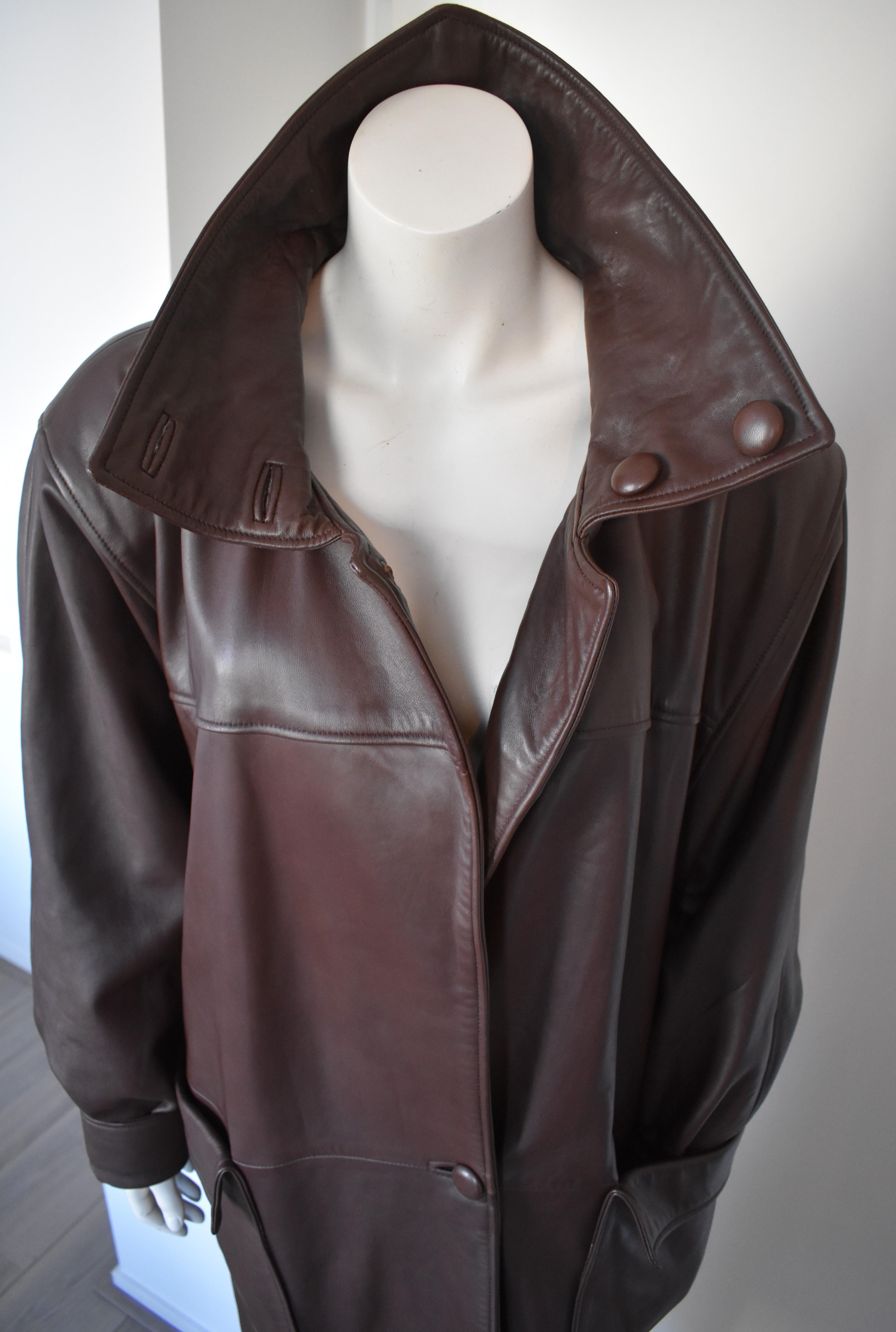 Women's Chocolate Brown Leather Coat by Carven Paris