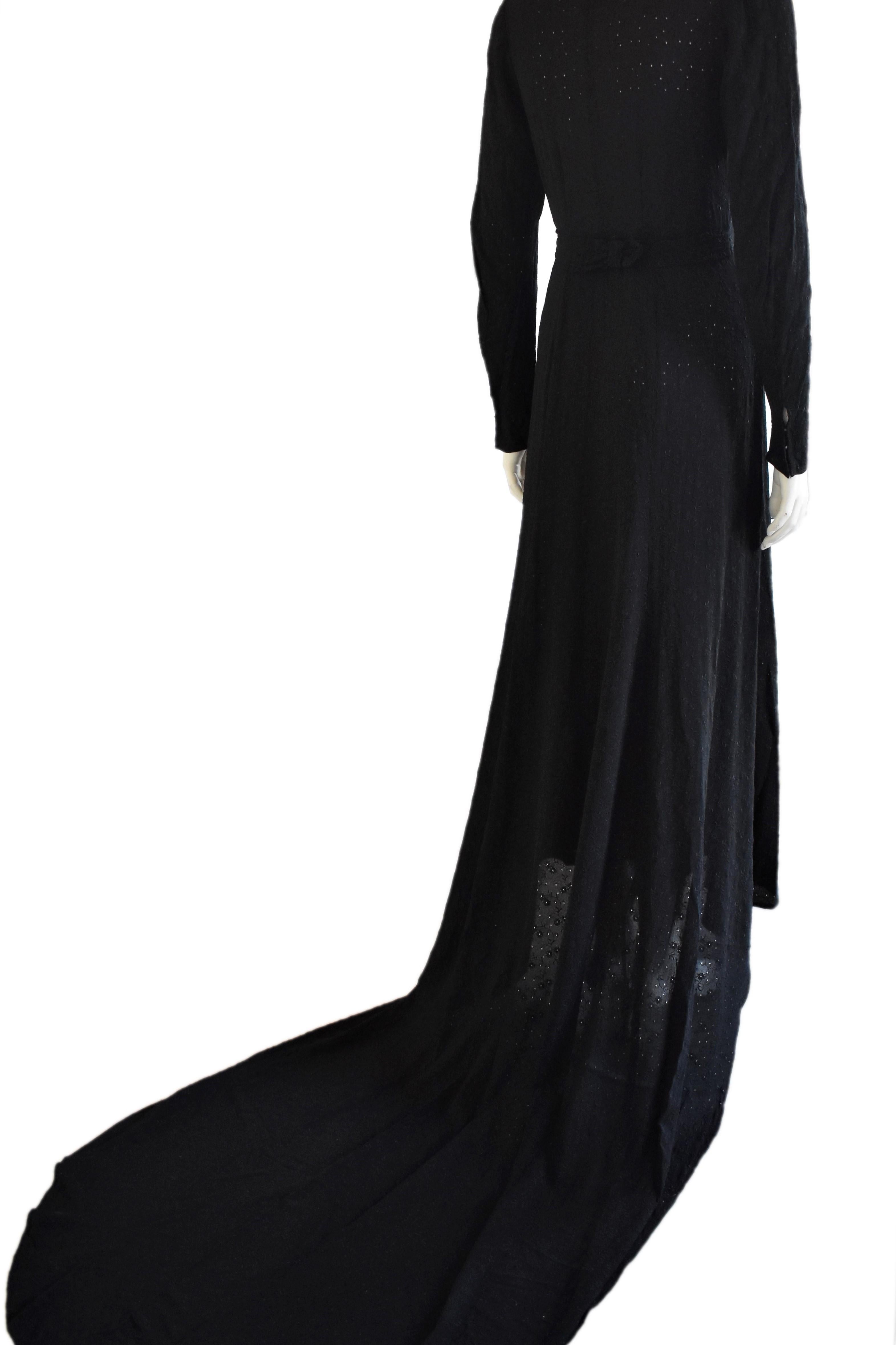 Women's FINAL SALE Vintage Embroidered Hand-Made 1940's Black Gown with Long Train For Sale