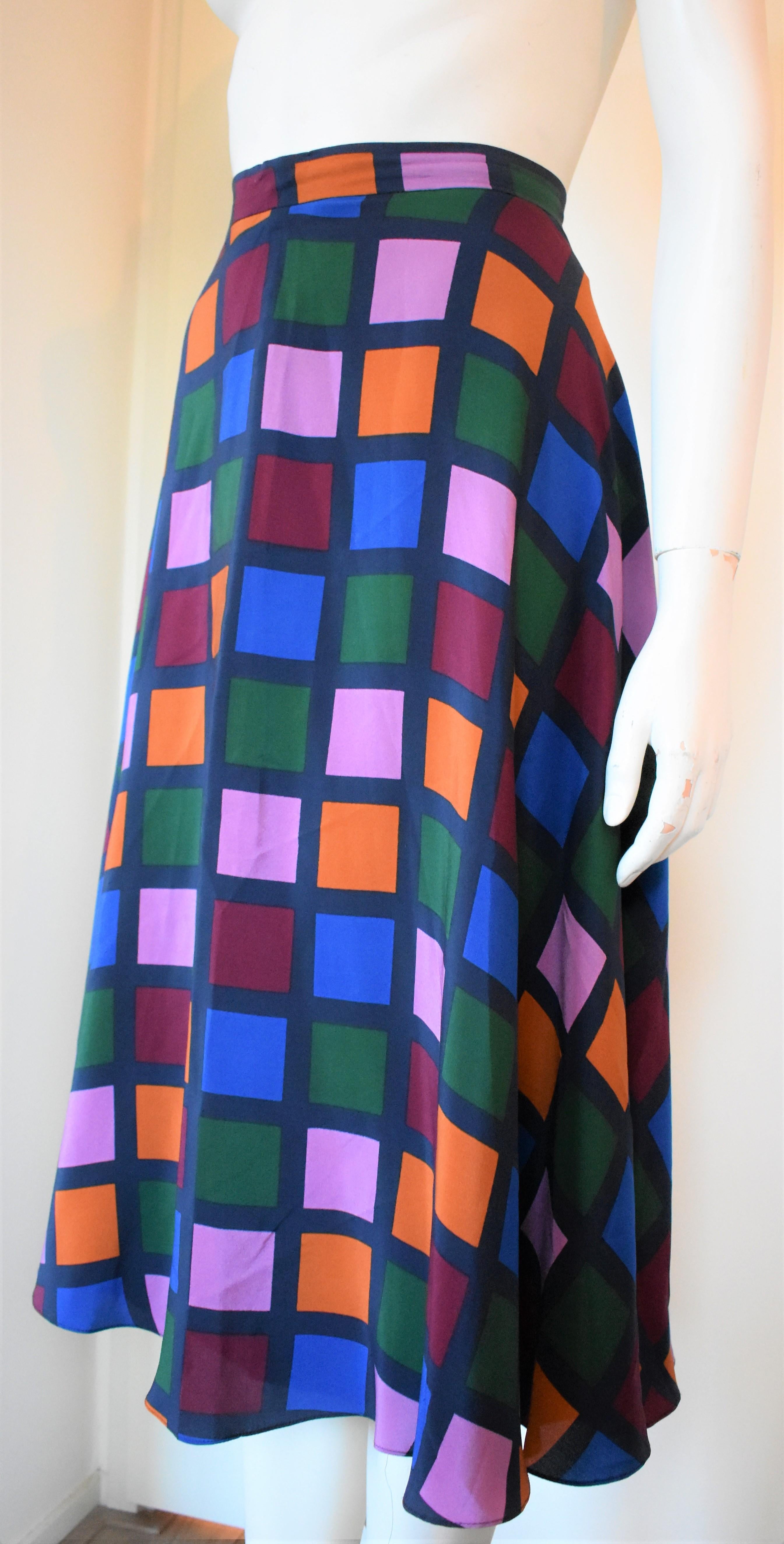 Purple Vintage Colorful Checkered Harlequin Silk Skirt, Circa 1980s For Sale