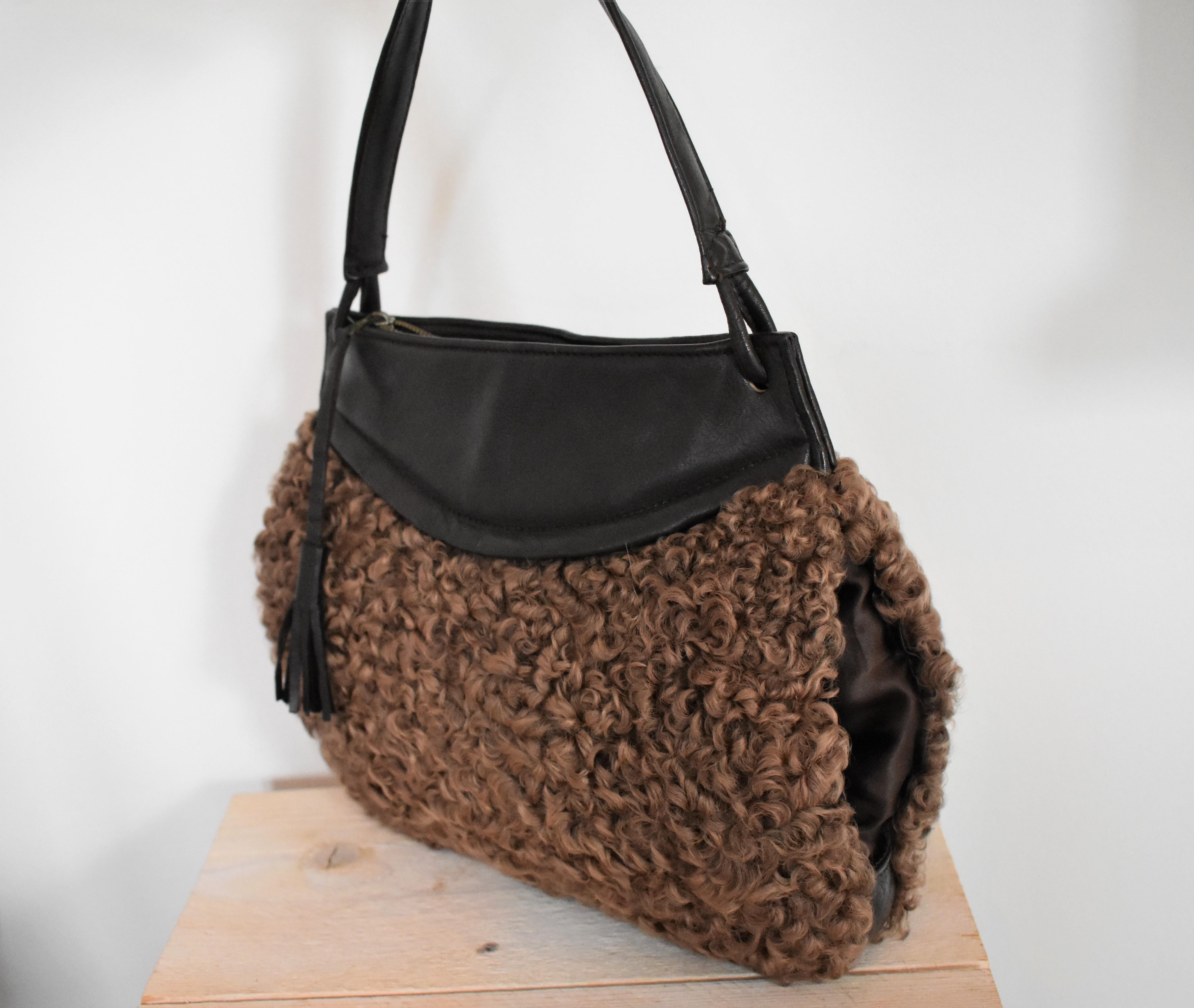 Women's Vintage Astrakhan Lamb Fur and Leather Muff Bag For Sale