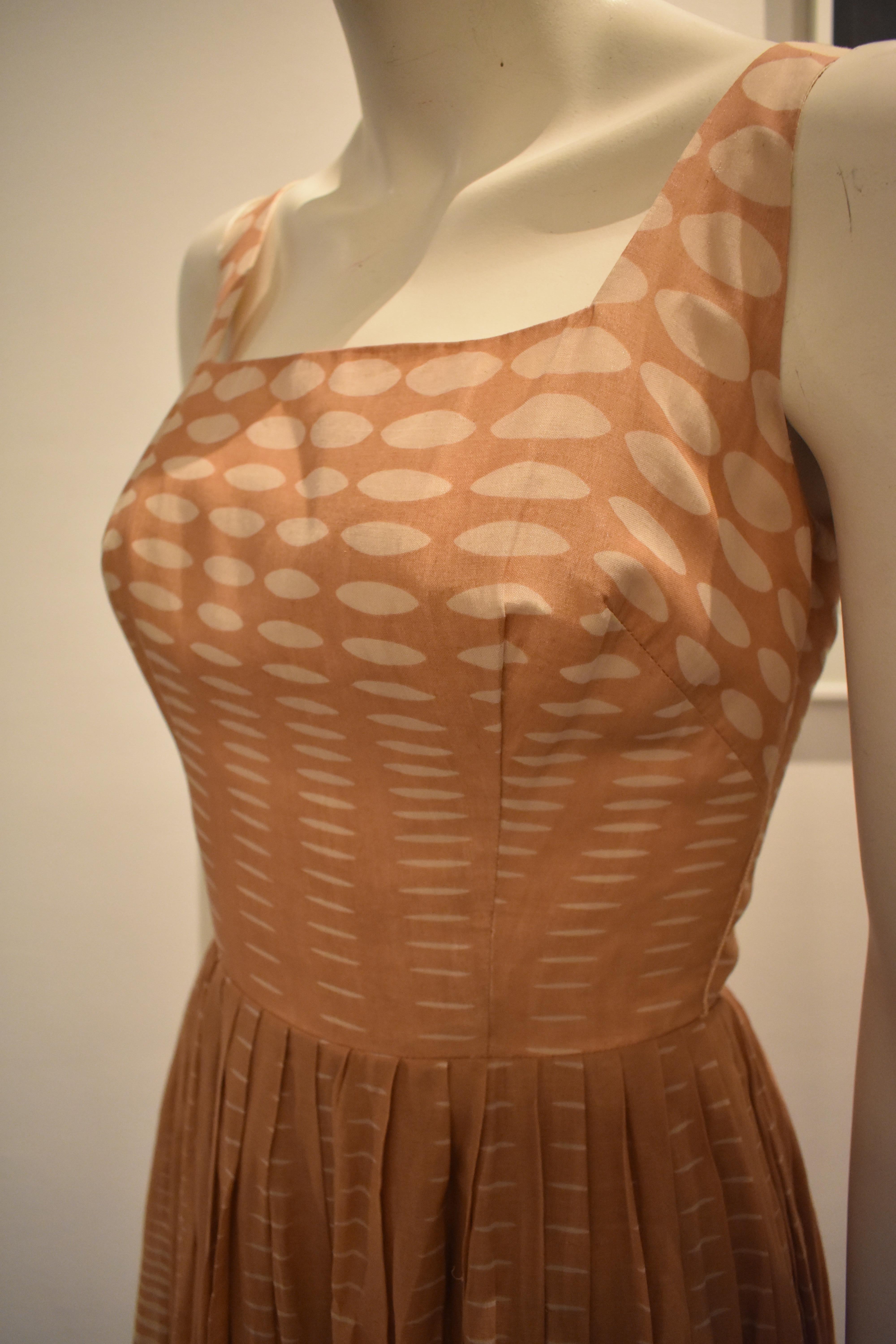Brown Vintage 1950s Batiste Handmade Dress with a Flowy Pleated Skirt For Sale