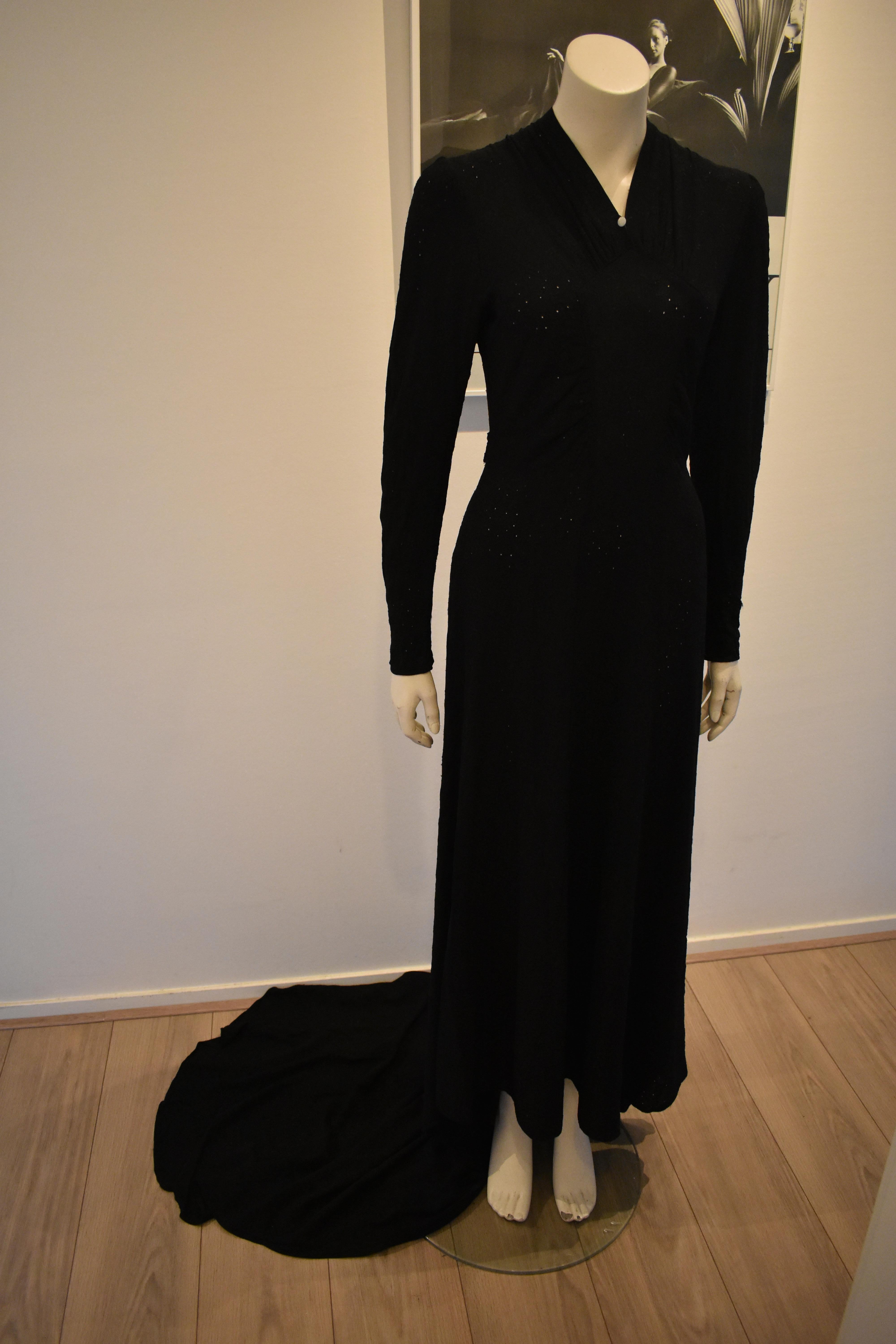 FINAL SALE Vintage Embroidered Hand-Made 1940's Black Gown with Long Train For Sale 1