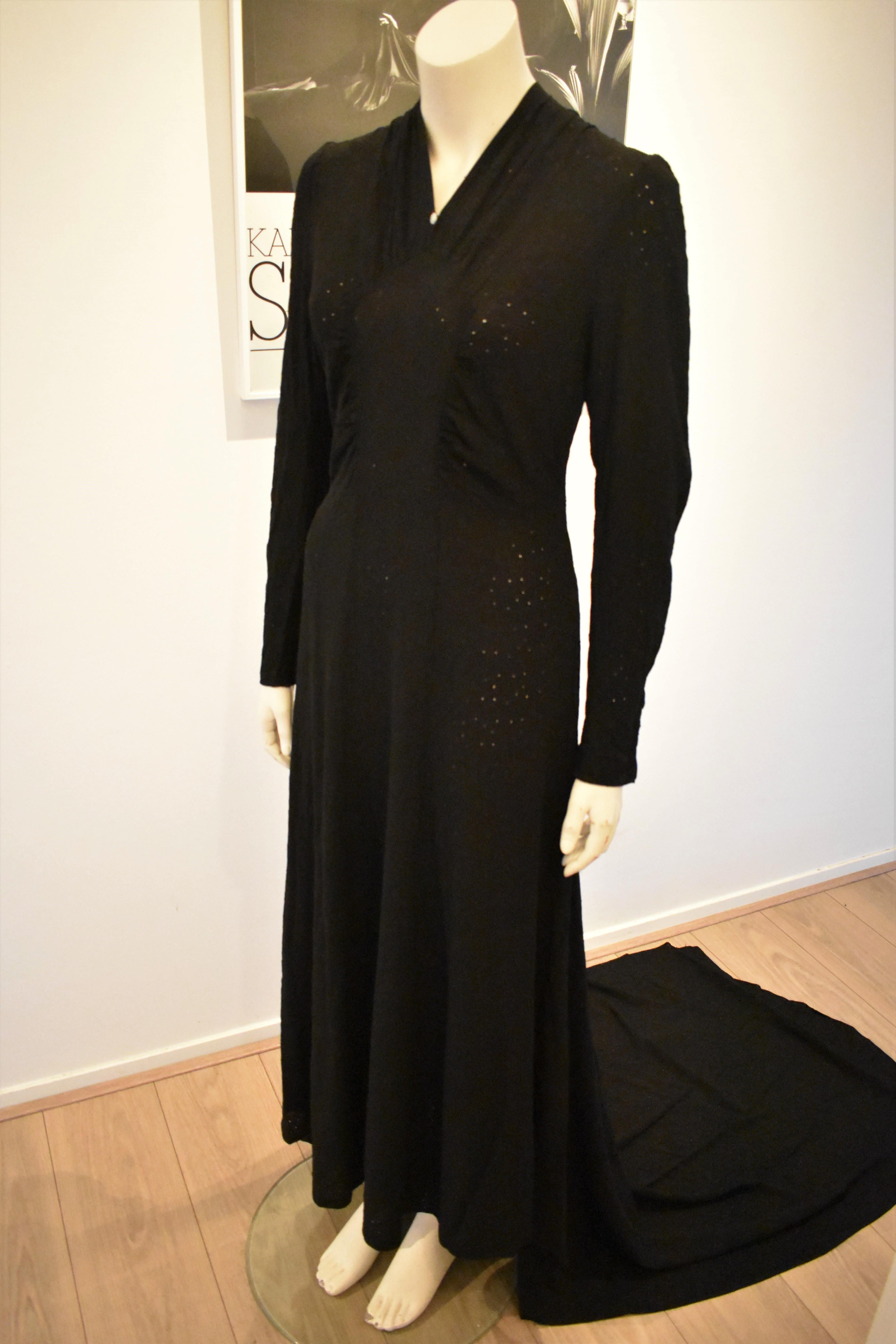 FINAL SALE Vintage Embroidered Hand-Made 1940's Black Gown with Long Train im Angebot 1