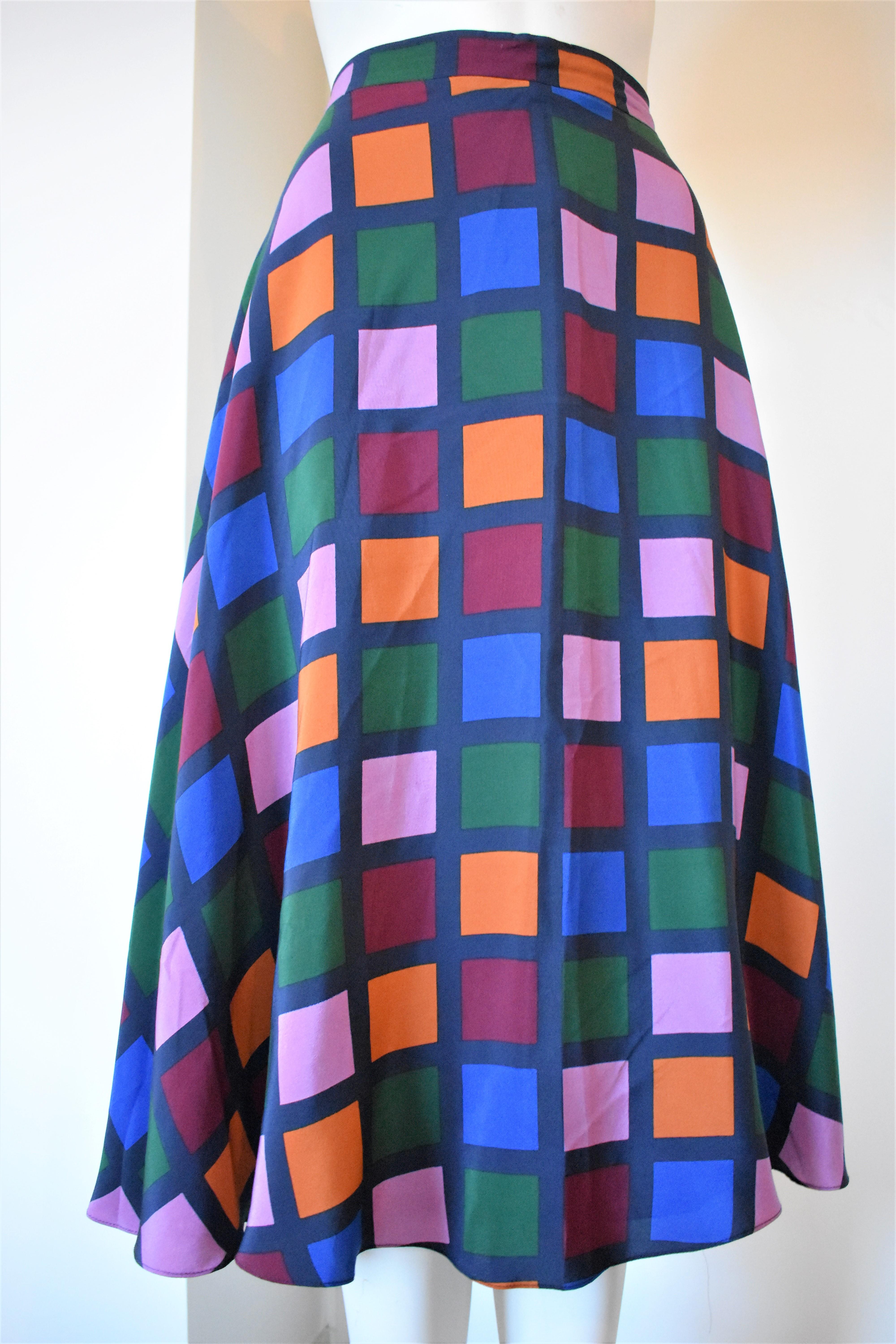 Vintage Colorful Checkered Harlequin Silk Skirt, Circa 1980s In Good Condition For Sale In Amsterdam, NL