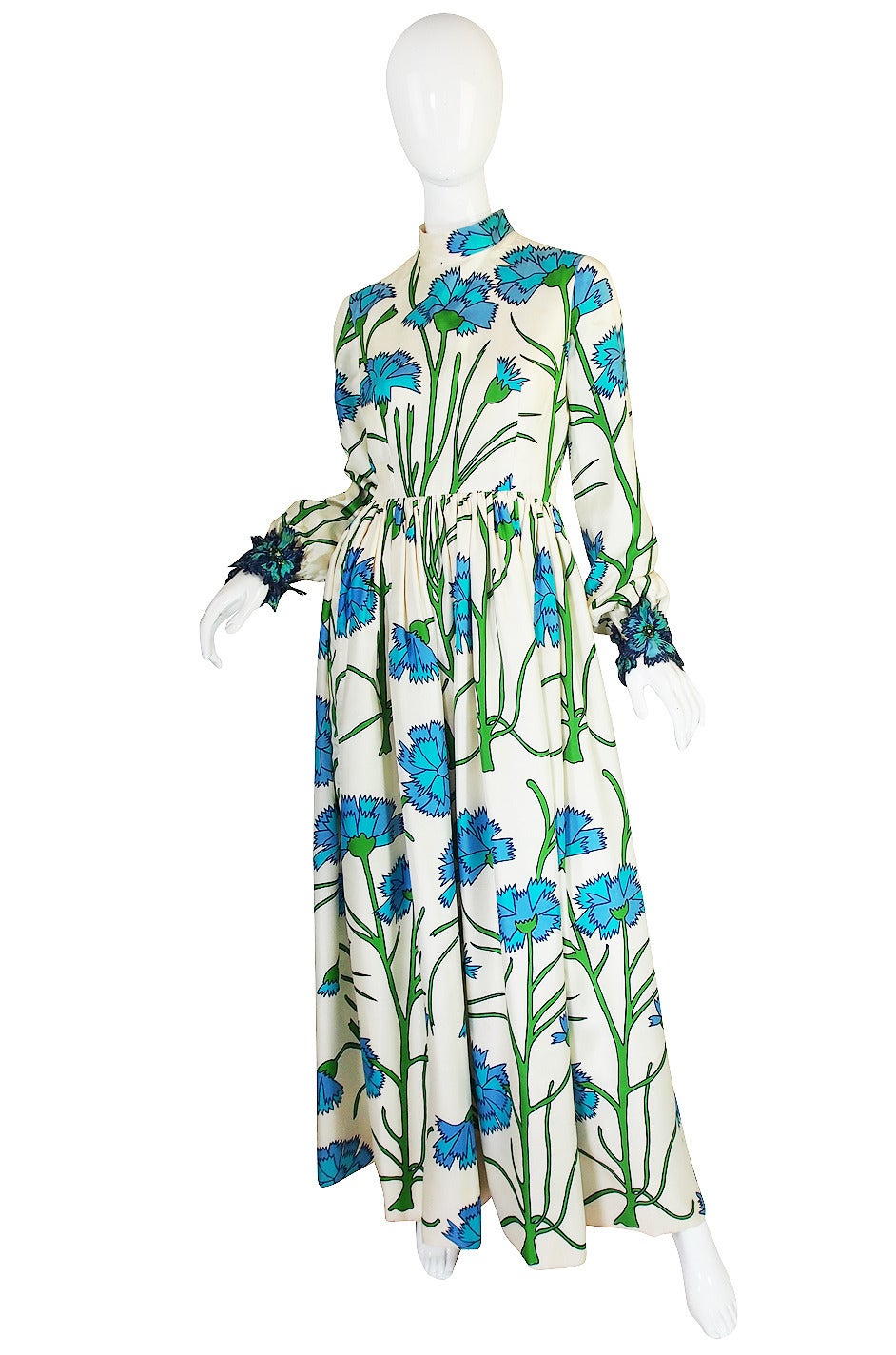 1960s Blue Floral Printed George Halley Silk Gown In Excellent Condition In Rockwood, ON