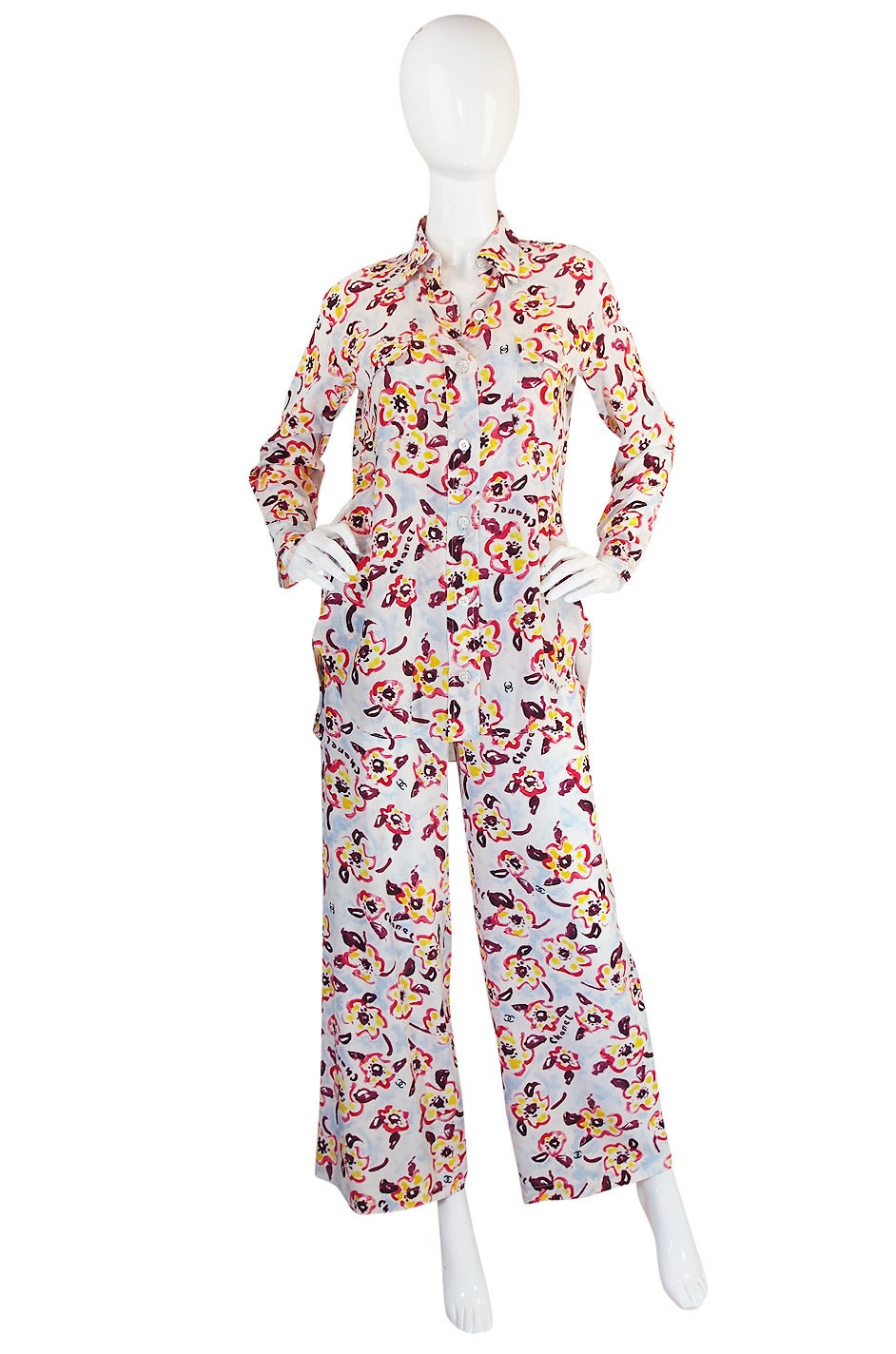 Resort 1996 Documented Chanel Silk Logo Pant Suit For Sale at 1stdibs