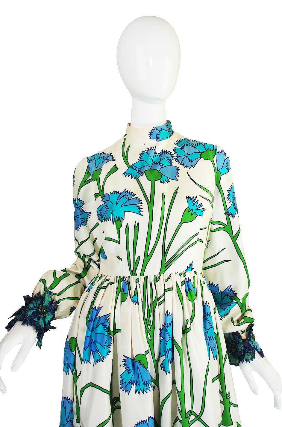 Women's 1960s Blue Floral Printed George Halley Silk Gown