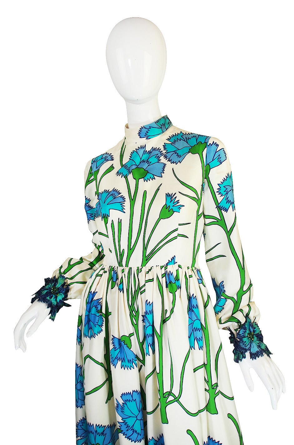1960s Blue Floral Printed George Halley Silk Gown 1