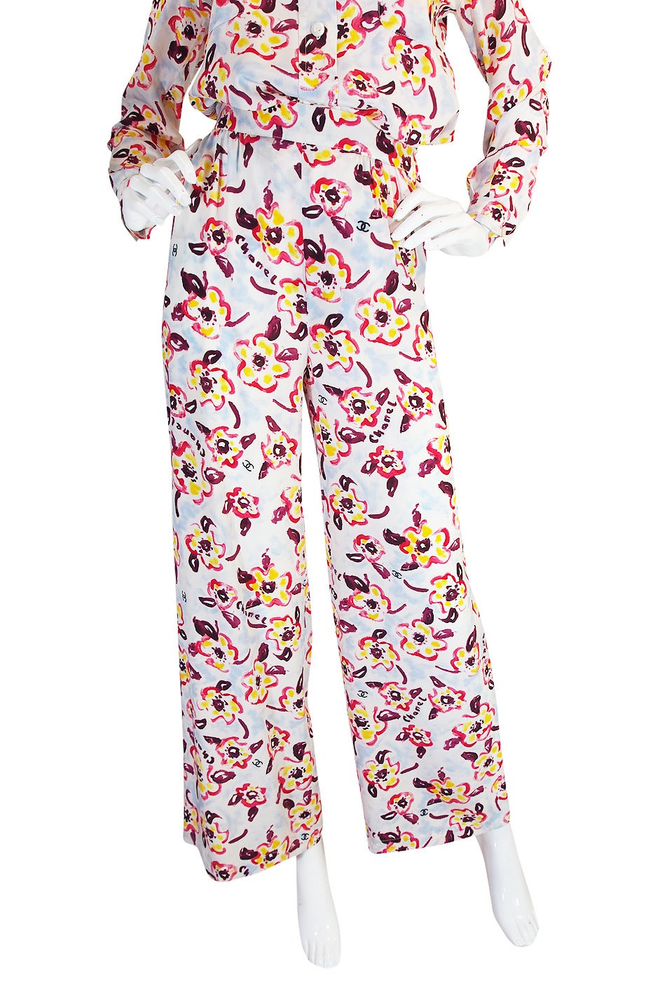 Resort 1996 Documented Chanel Silk Logo Pant Suit For Sale at 1stdibs