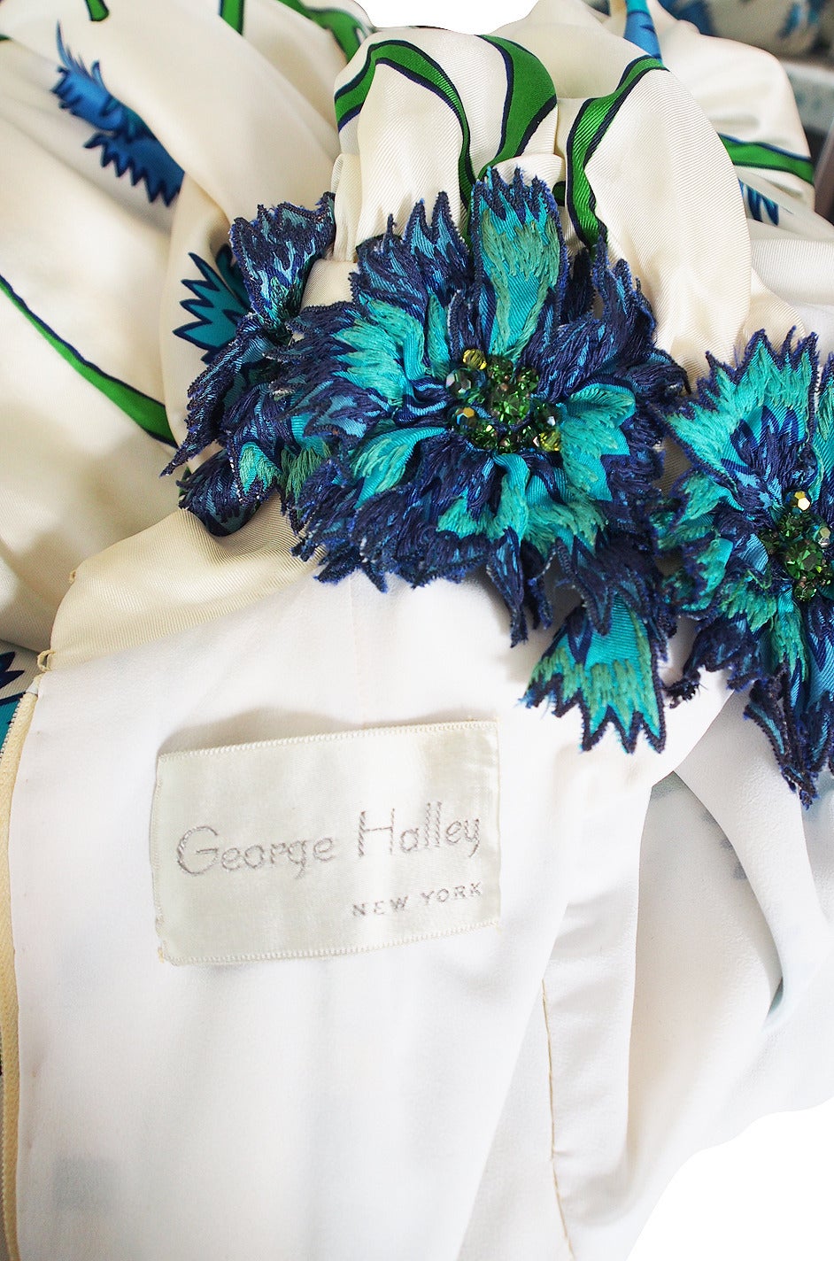 1960s Blue Floral Printed George Halley Silk Gown 5