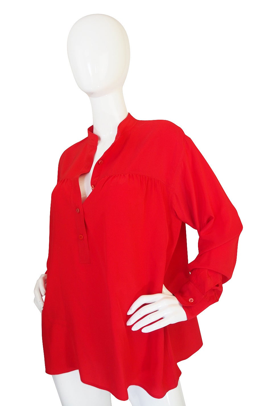 1970s Yves Saint Laurent Red Silk Smock Top In Excellent Condition In Rockwood, ON