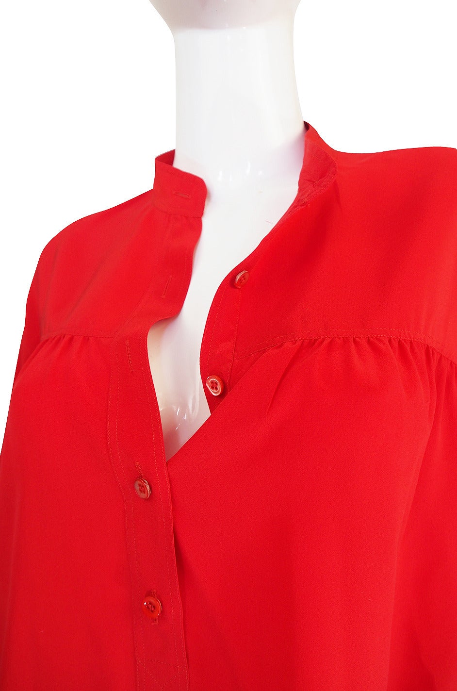 1970s Yves Saint Laurent Red Silk Smock Top 1