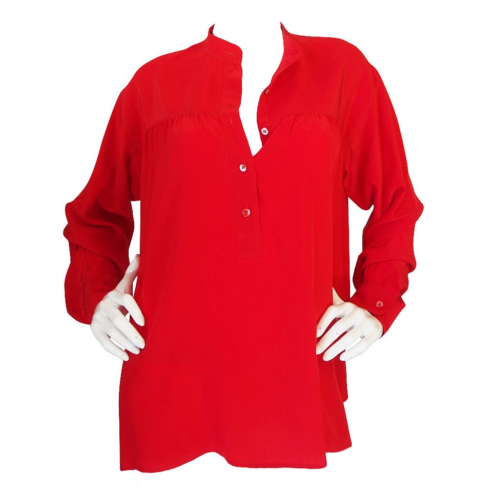 1970s Yves Saint Laurent Red Silk Smock Top