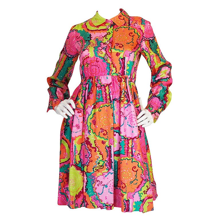 1960s Bright Print Malcolm Starr Silk Twill Dress For Sale