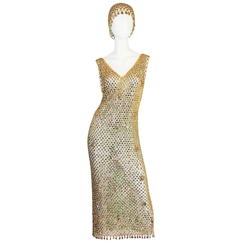 1970s Paco Rabanne Chain Mail Dress and Headpiece at 1stDibs