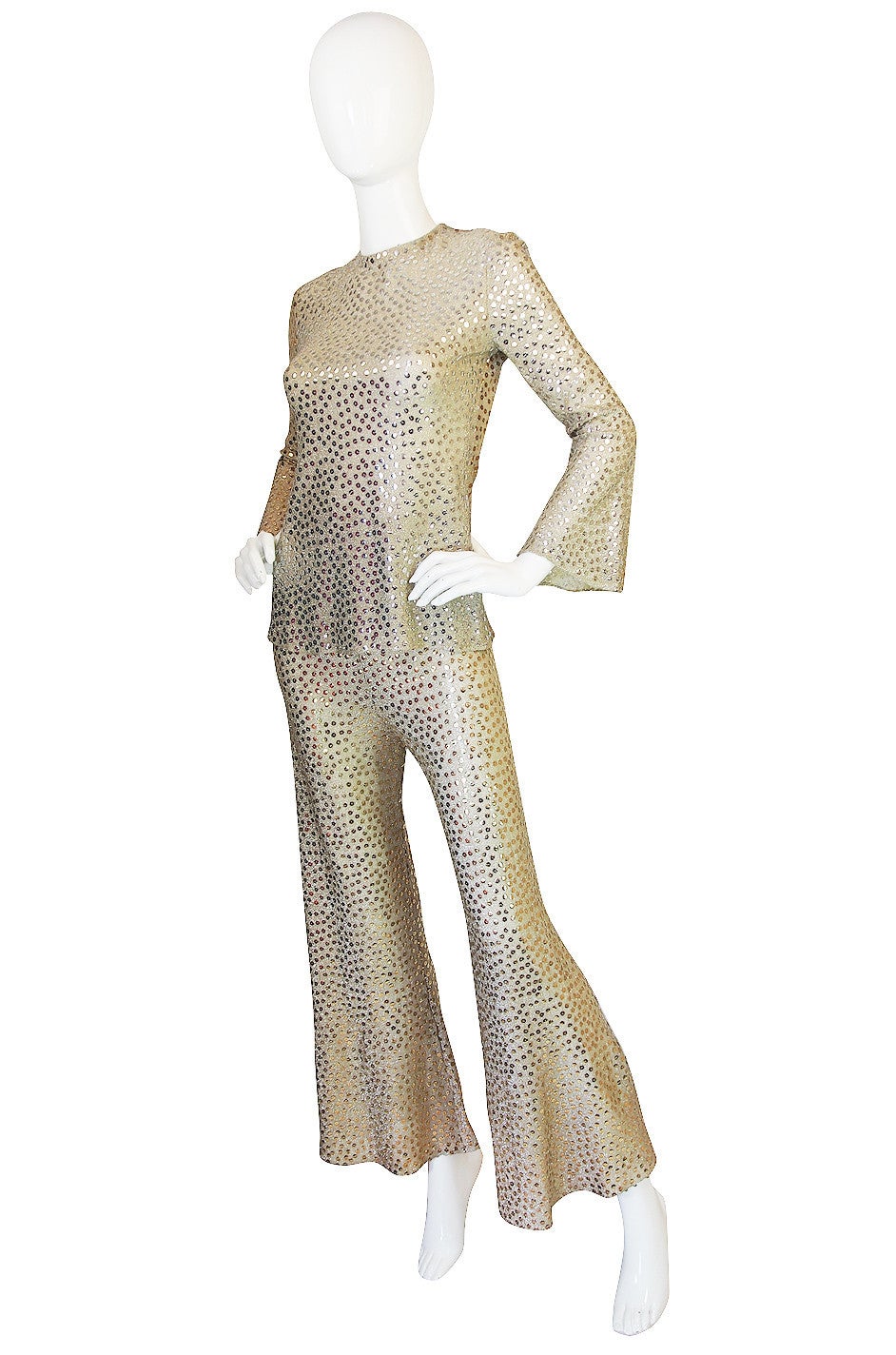 1960s Mollie Parnis Silk & Sequin Gold Flared Pant Set In Excellent Condition In Rockwood, ON