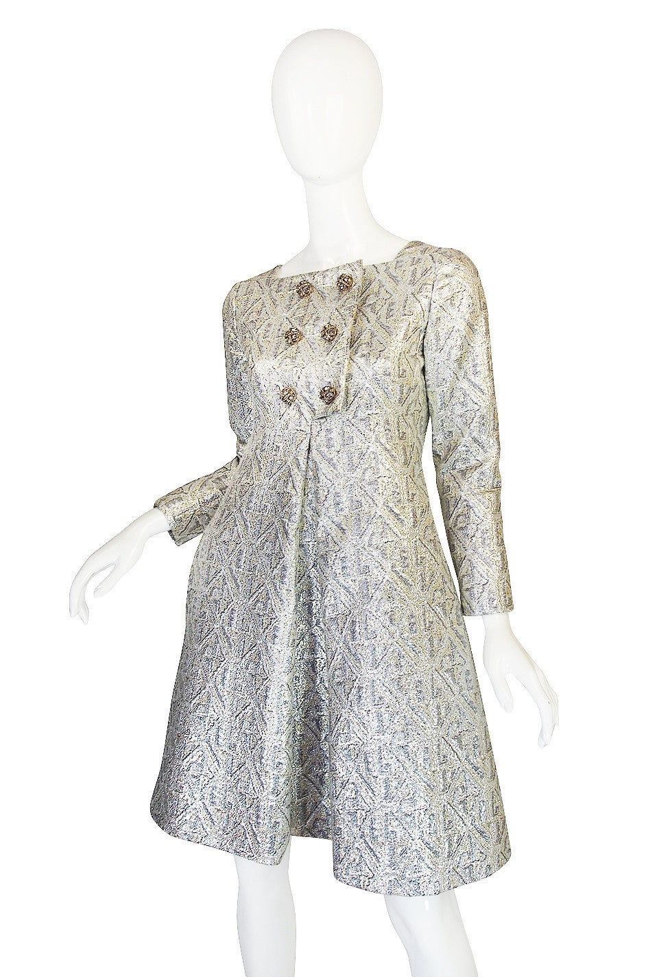 1960s Malcolm Starr Silver Metallic Brocade Dress In Excellent Condition In Rockwood, ON