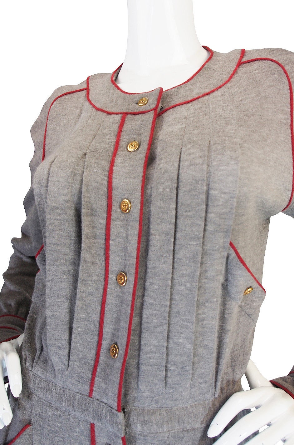 1980s Soft Grey Wool Chanel Button Front Day Dress 2