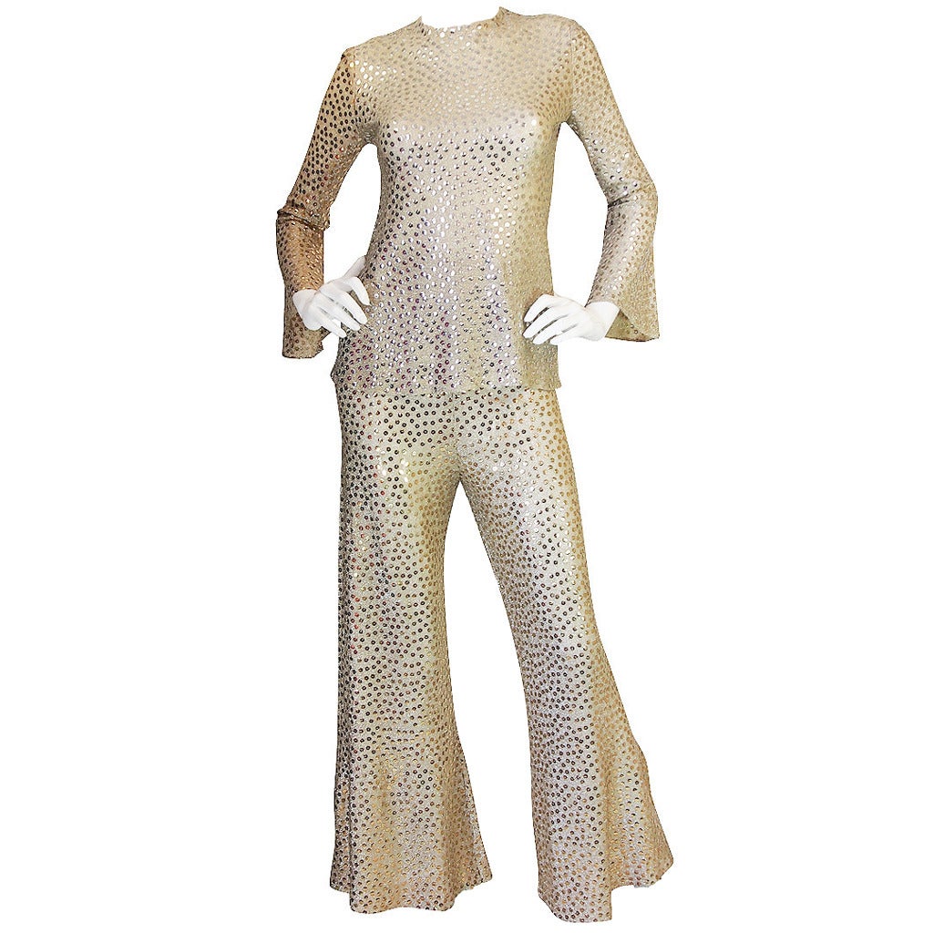 1960s Mollie Parnis Silk & Sequin Gold Flared Pant Set