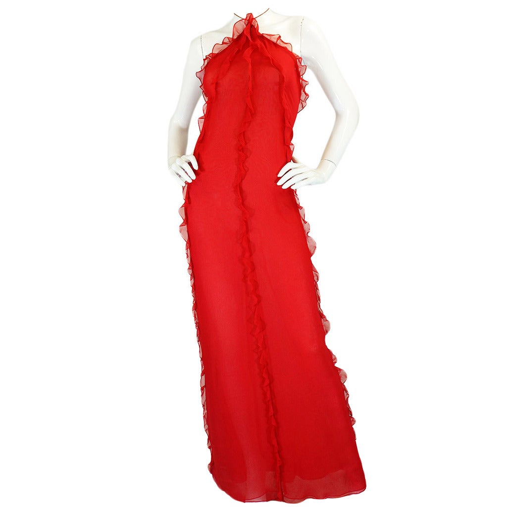 1970s Silk Chiffon Ruffled Bill Blass Halter Dress For Sale