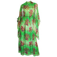 1970s Mollie Parnis Angel Kimono Sleeve Green Silk Dress 12