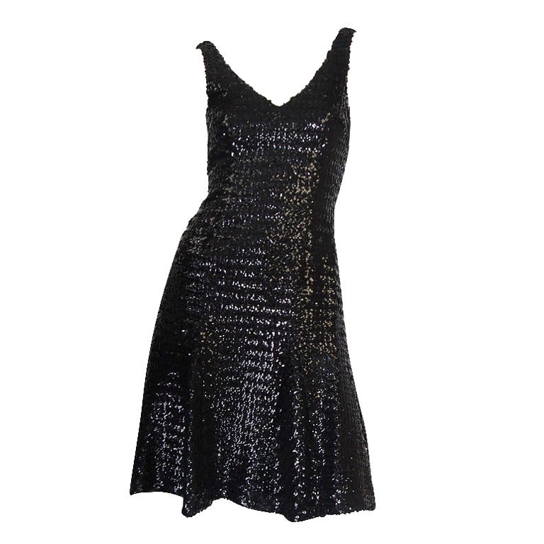 1970s Glossy Black Sequin Donald Brooks Dress For Sale