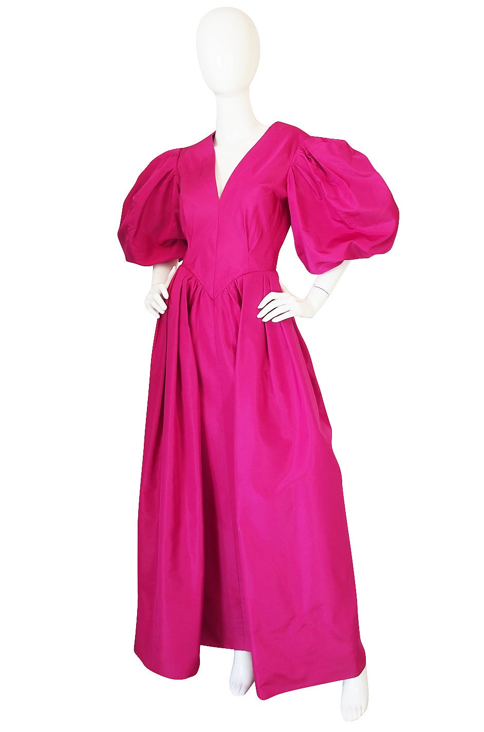1960s Pauline Trigere Pouf Sleeve Vivid Pink Silk Dress For Sale at 1stdibs